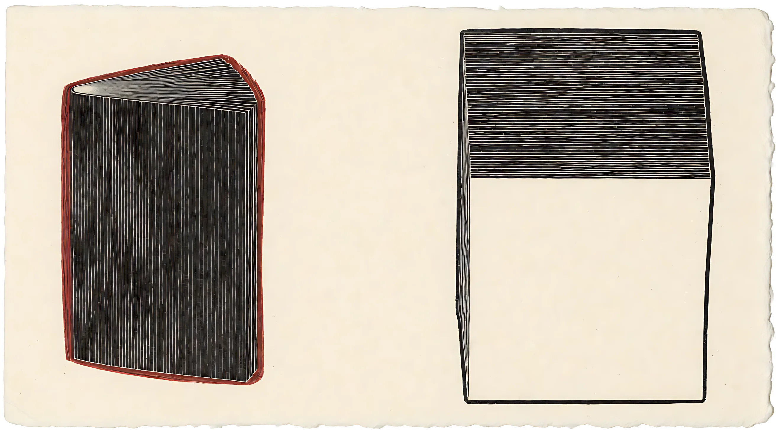 A fully dark booklet with a dull red edge, beside a taller stack that is marked only across the top and blank below.