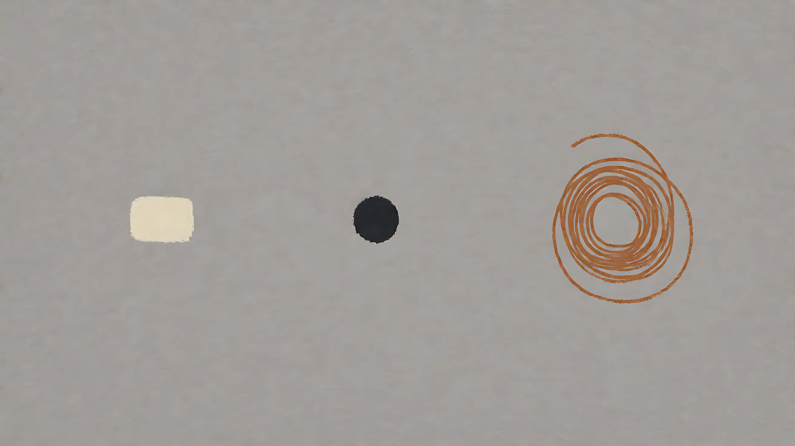 灰底上从左到右分开摆着一块浅色方片、一个黑点和一圈铜色螺旋，三者没有连线。