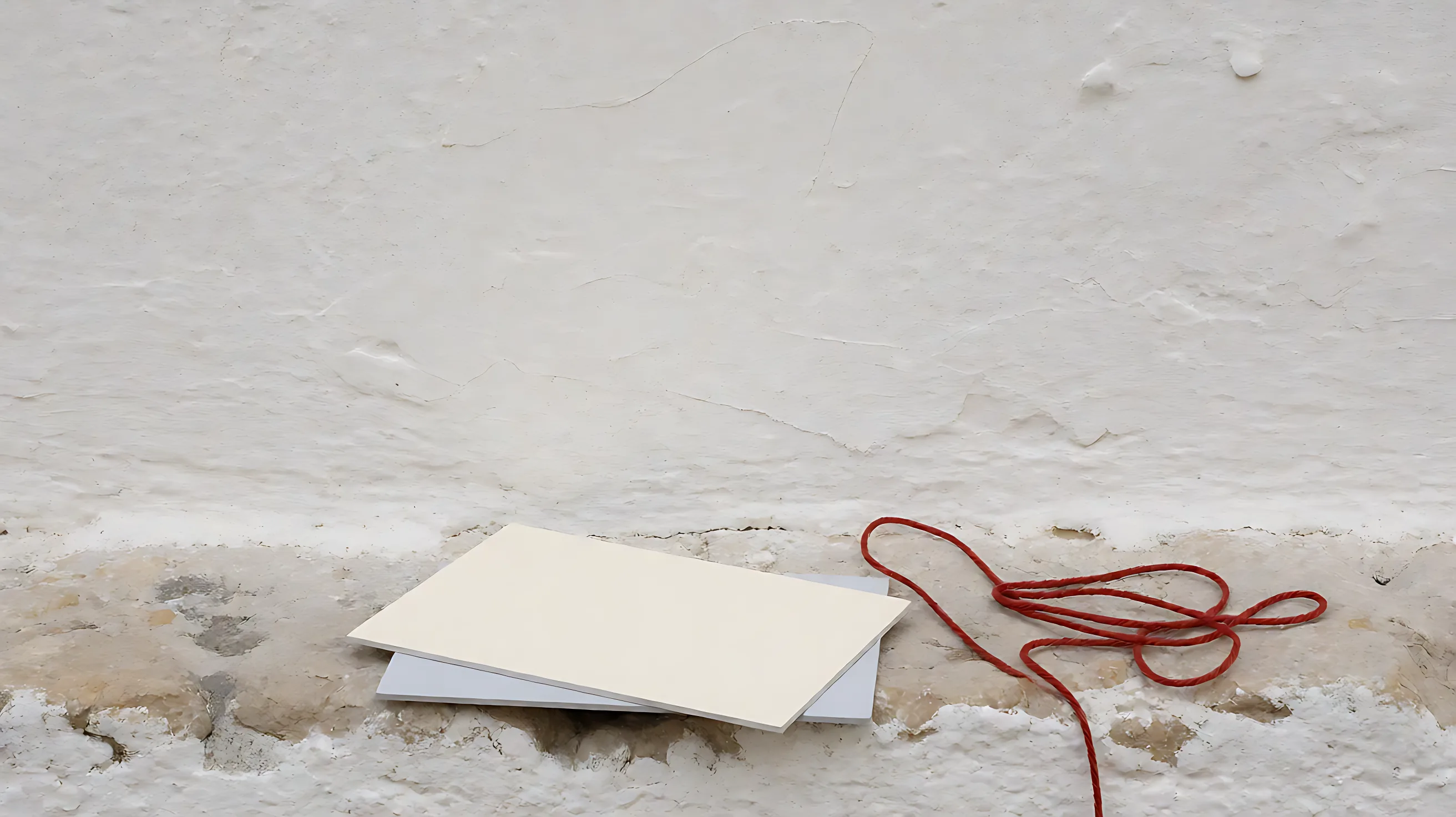 A cream card lies over a gray card on a white wall, with a loose coil of red cord beside them.