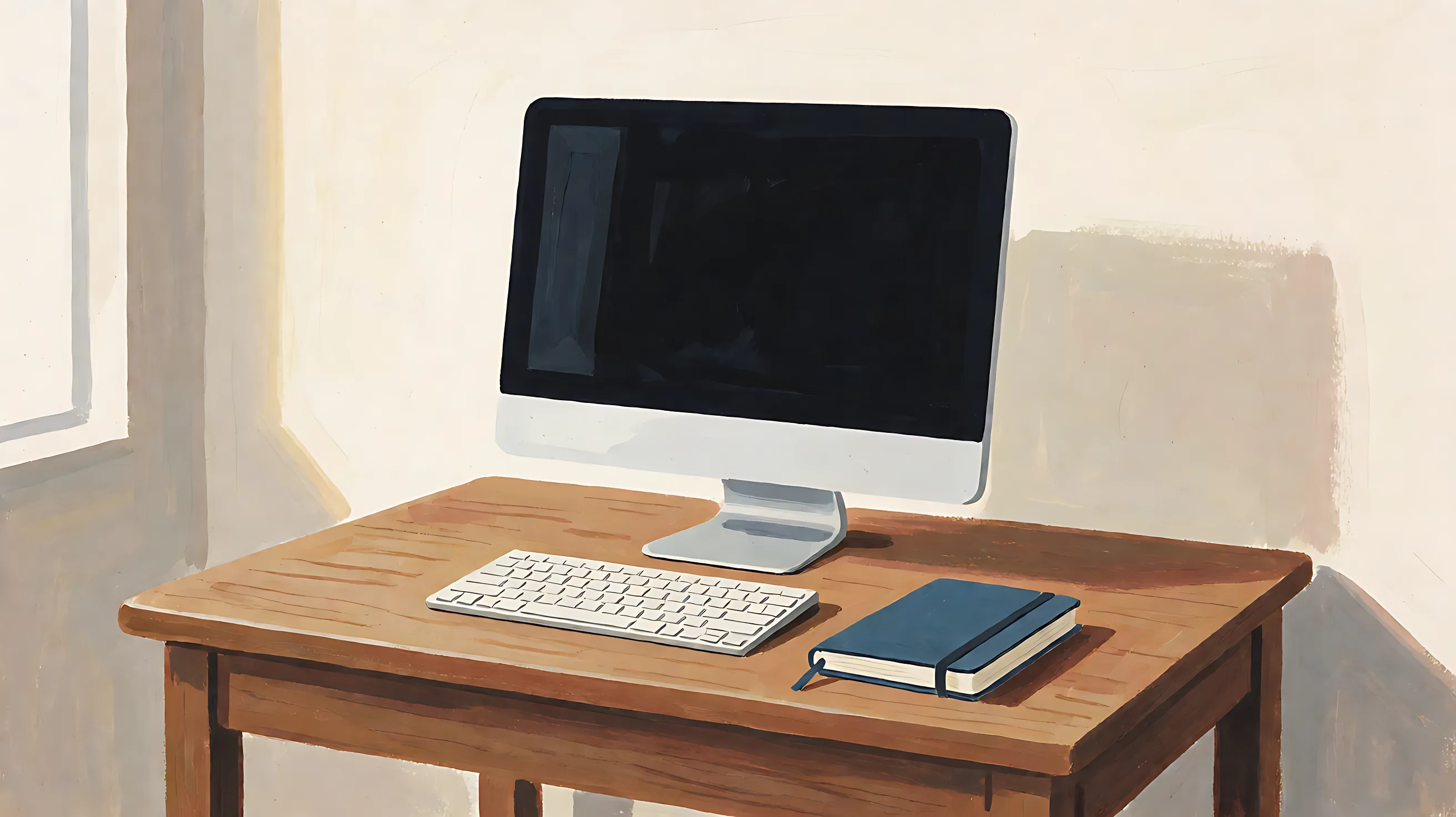 A computer with a black screen on a wooden desk, and a closed blue notebook beside the keyboard.