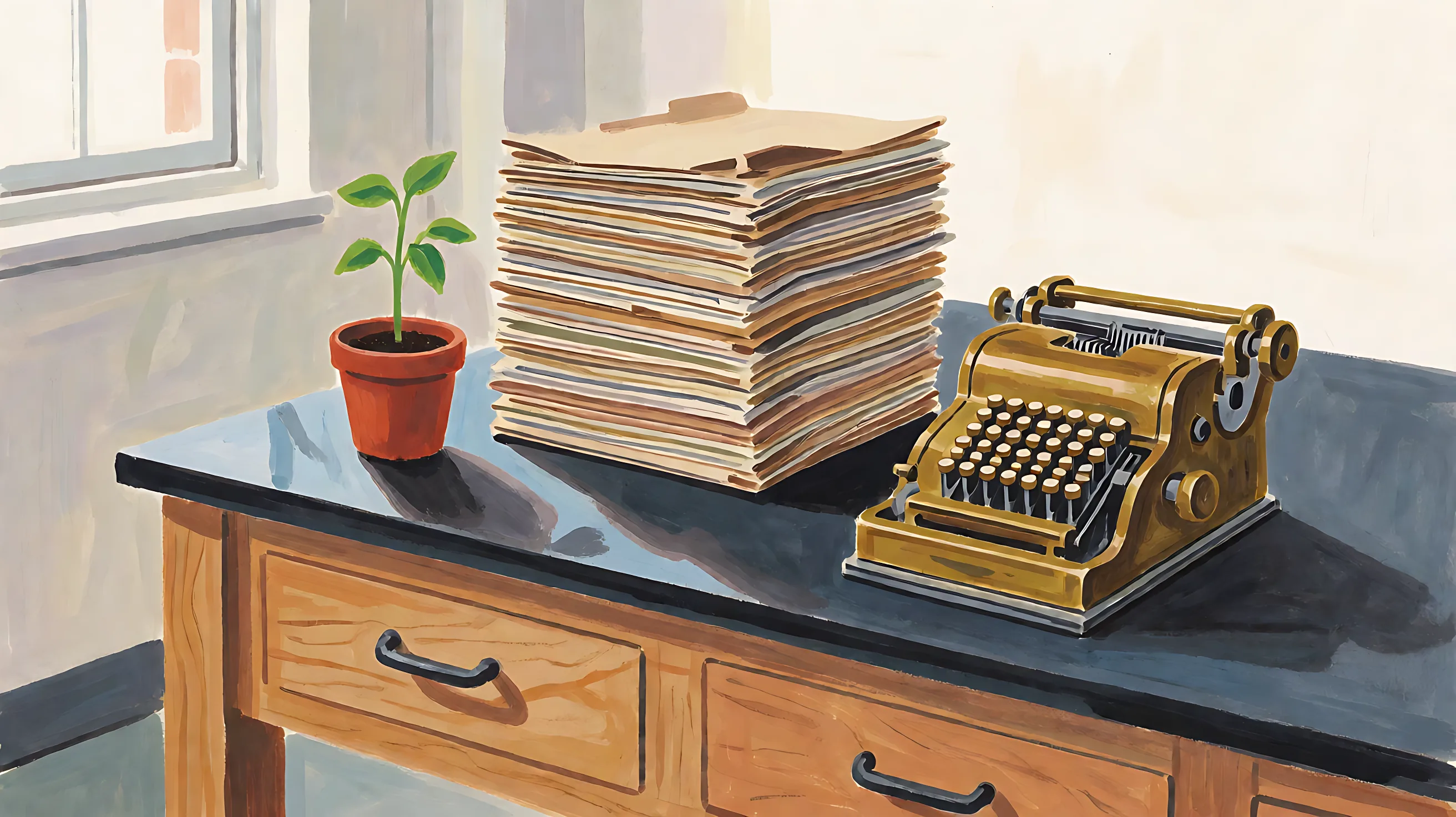 A seedling, a tall stack of folders, and a brass typewriter share a desk by a window.