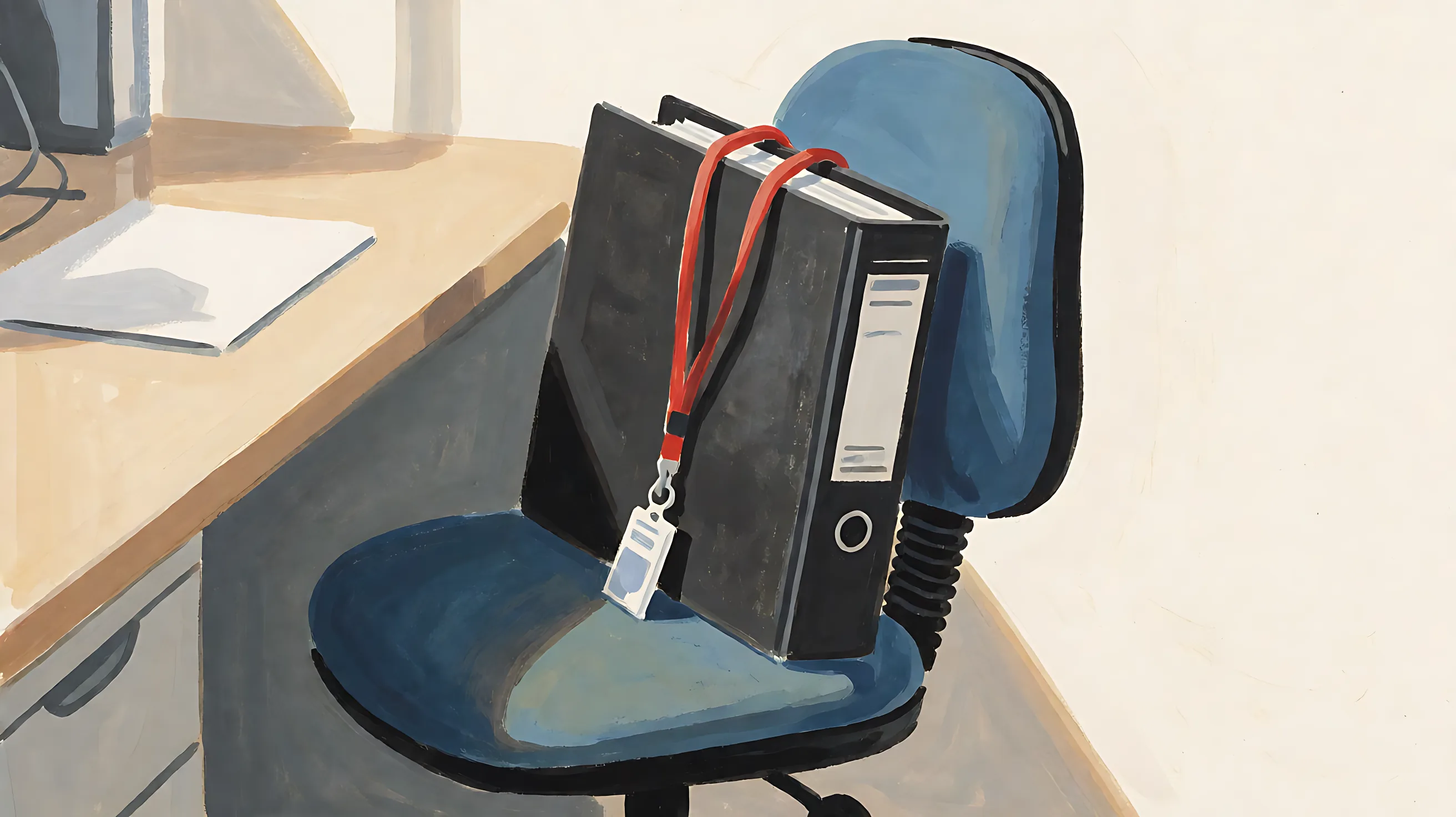 A black binder stands on a blue office chair, with a red lanyard and a blank badge.