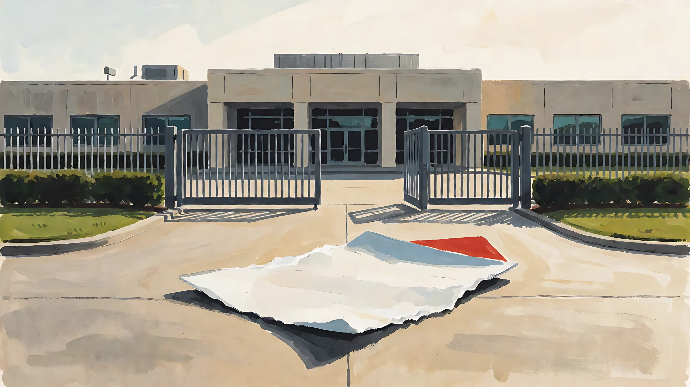 A low industrial building with one gate leaf open, and a torn envelope showing a red lining on the pavement.