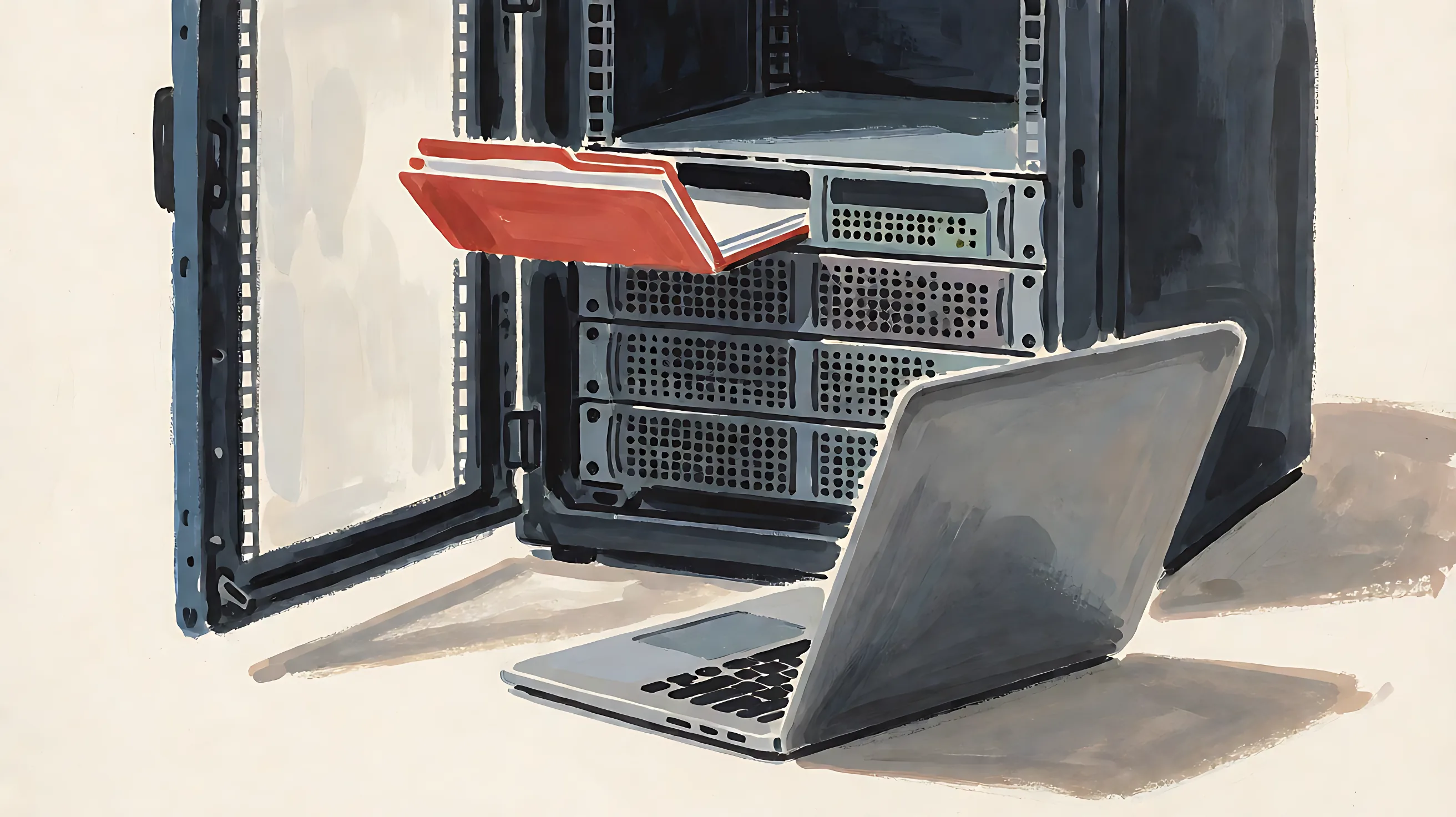 An open server rack with red folders sticking out, and an open gray laptop in front.