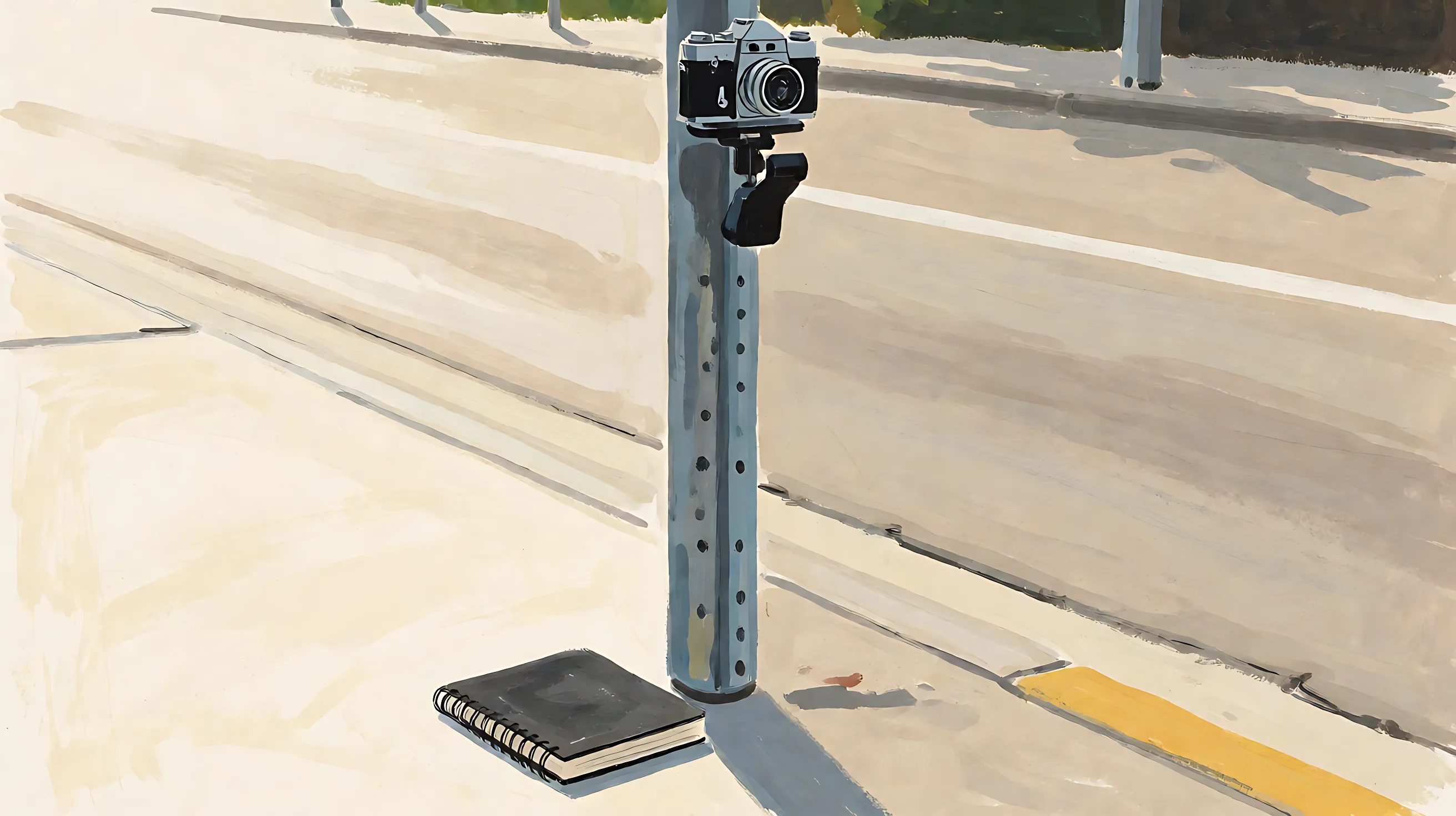 A camera mounted on a pole beside an empty road, with a closed black notebook at the foot of the pole.
