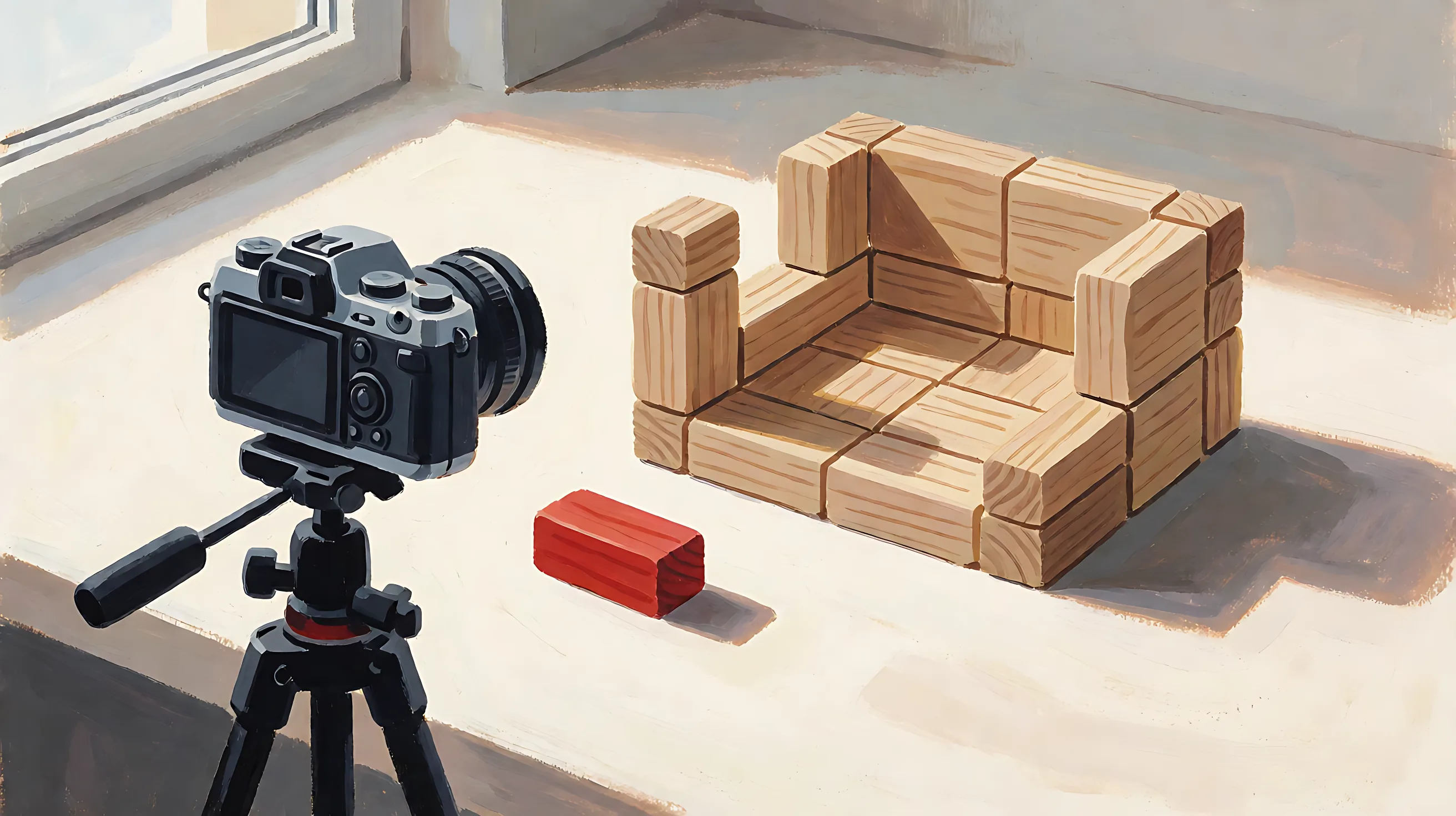 A camera on a tripod faces a small sofa built from wooden blocks, with a red brick lying outside it.
