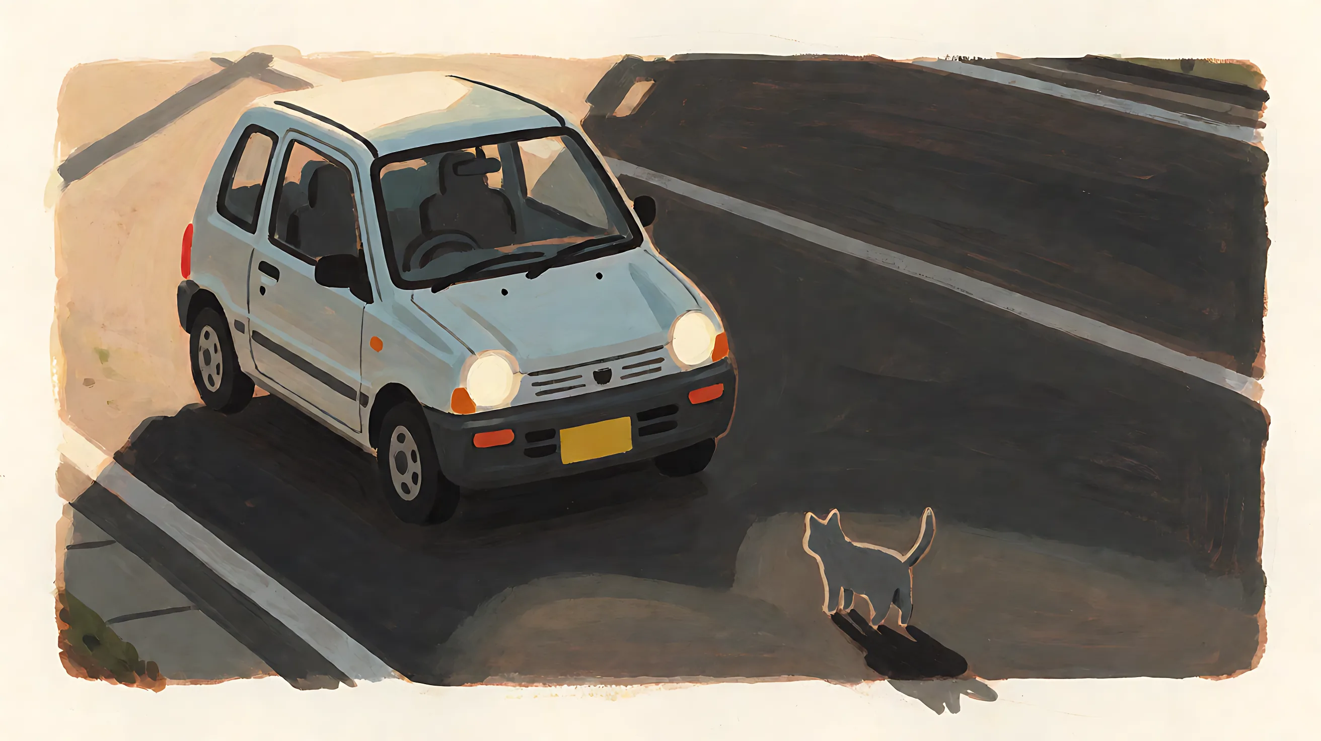 A light-colored car with its headlights on, and a gray cat standing ahead of it on the road.