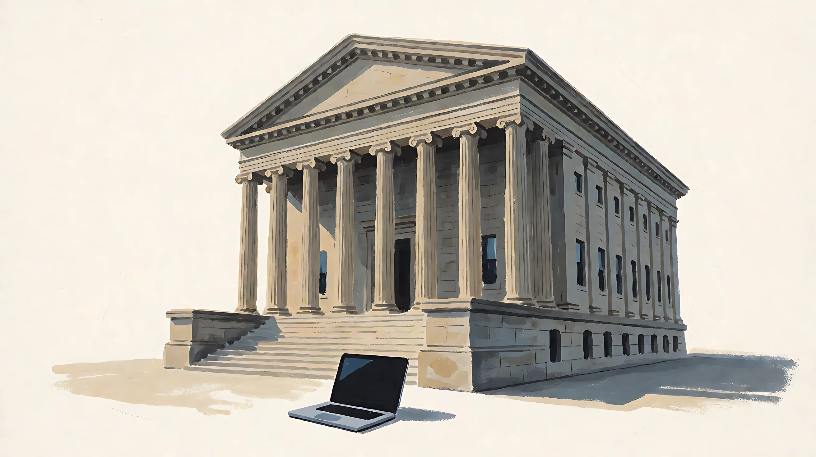 A columned courthouse with an open laptop and a black screen sitting in front of the steps.