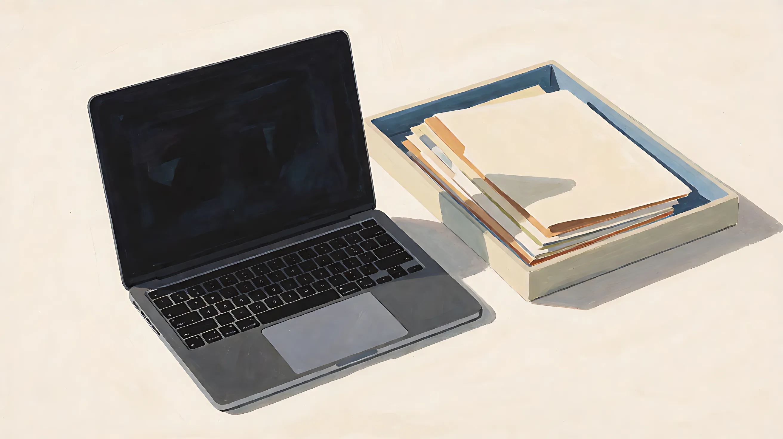 An open laptop with a dark screen and no interface, beside a tray of three plain folders