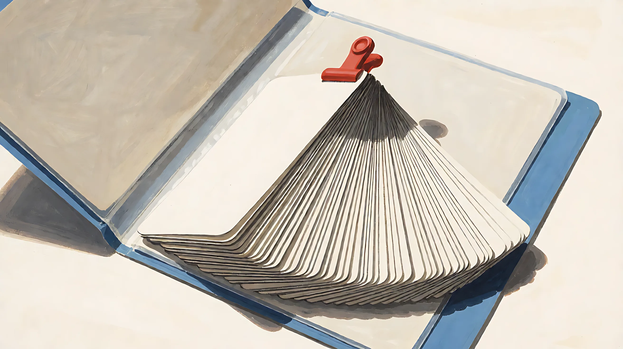 An open blue folder with many blank cards fanned out and a red clip at the top