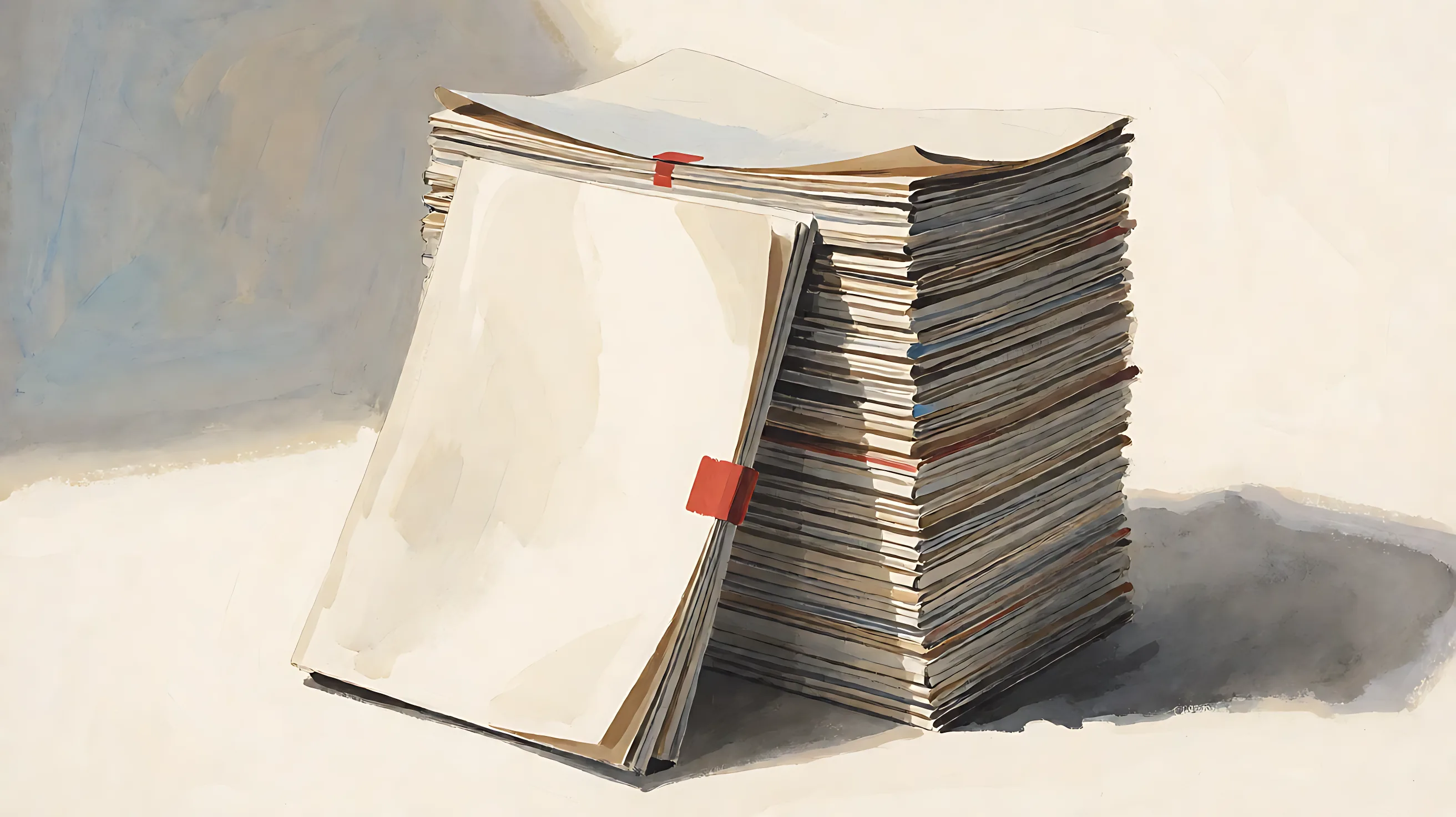 A tall stack of manuscripts with the front folder pulled forward and red tabs, and no writing