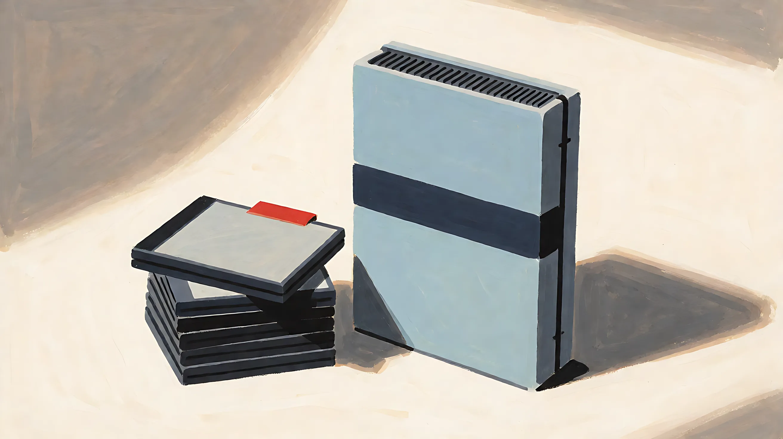 A plain light-blue console with no logo beside a stack of game cases, the top case marked with a red tab