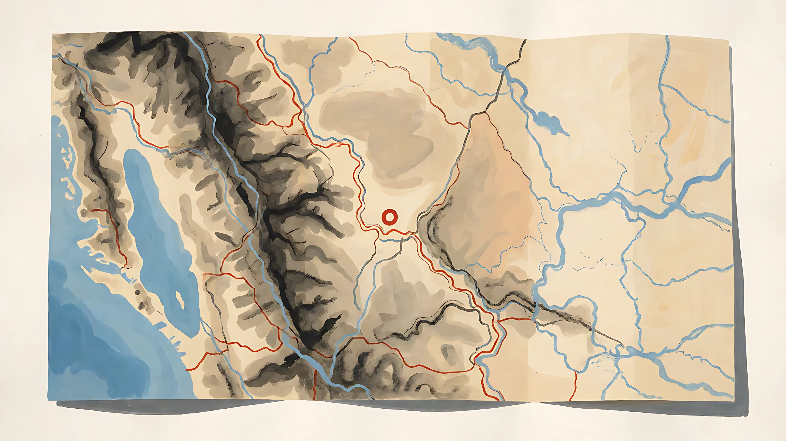 An unfolded paper map with hills, water, and one red ring, and no writing