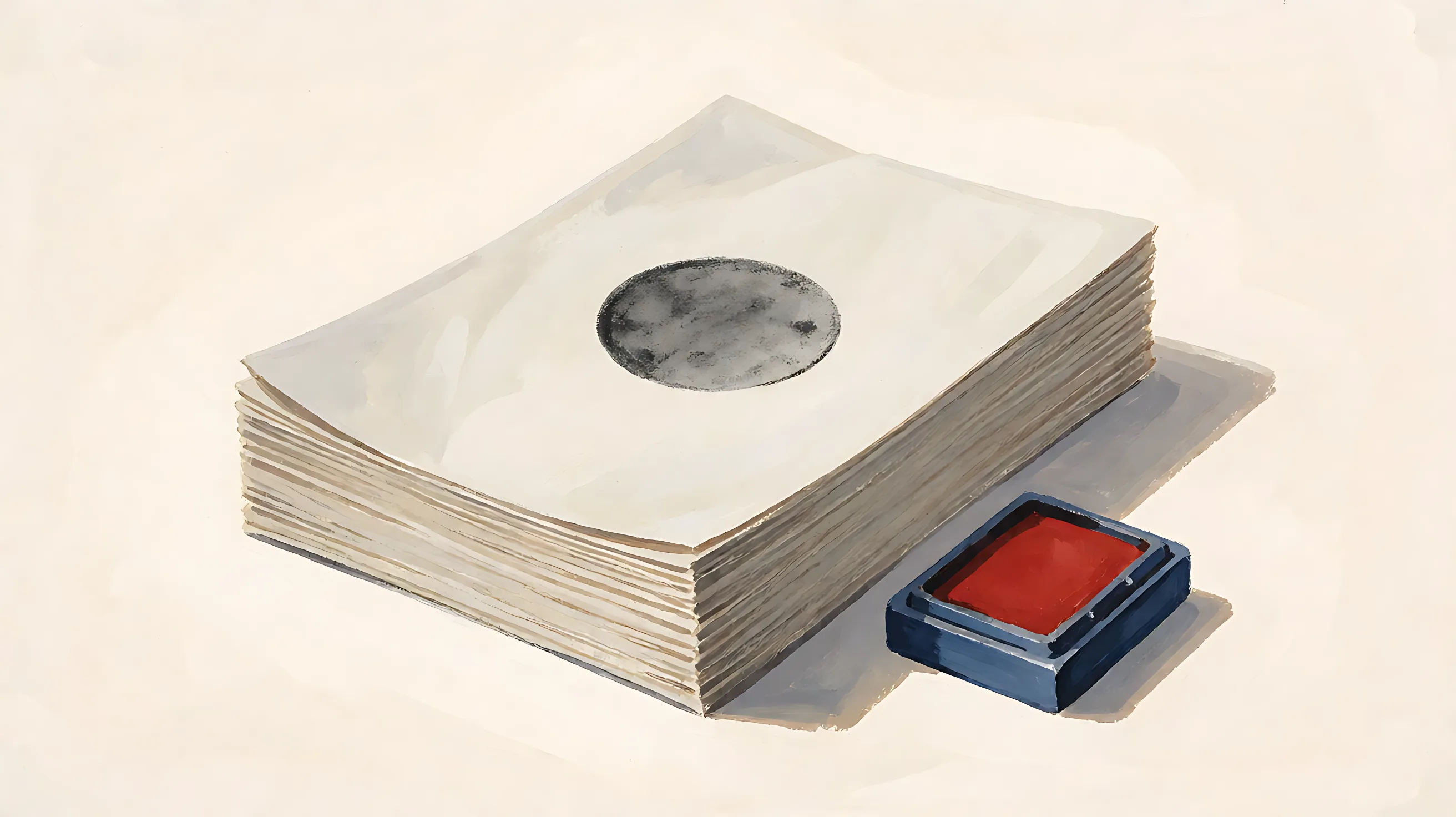 A stack of blank paper with a gray round seal and a red ink pad beside it