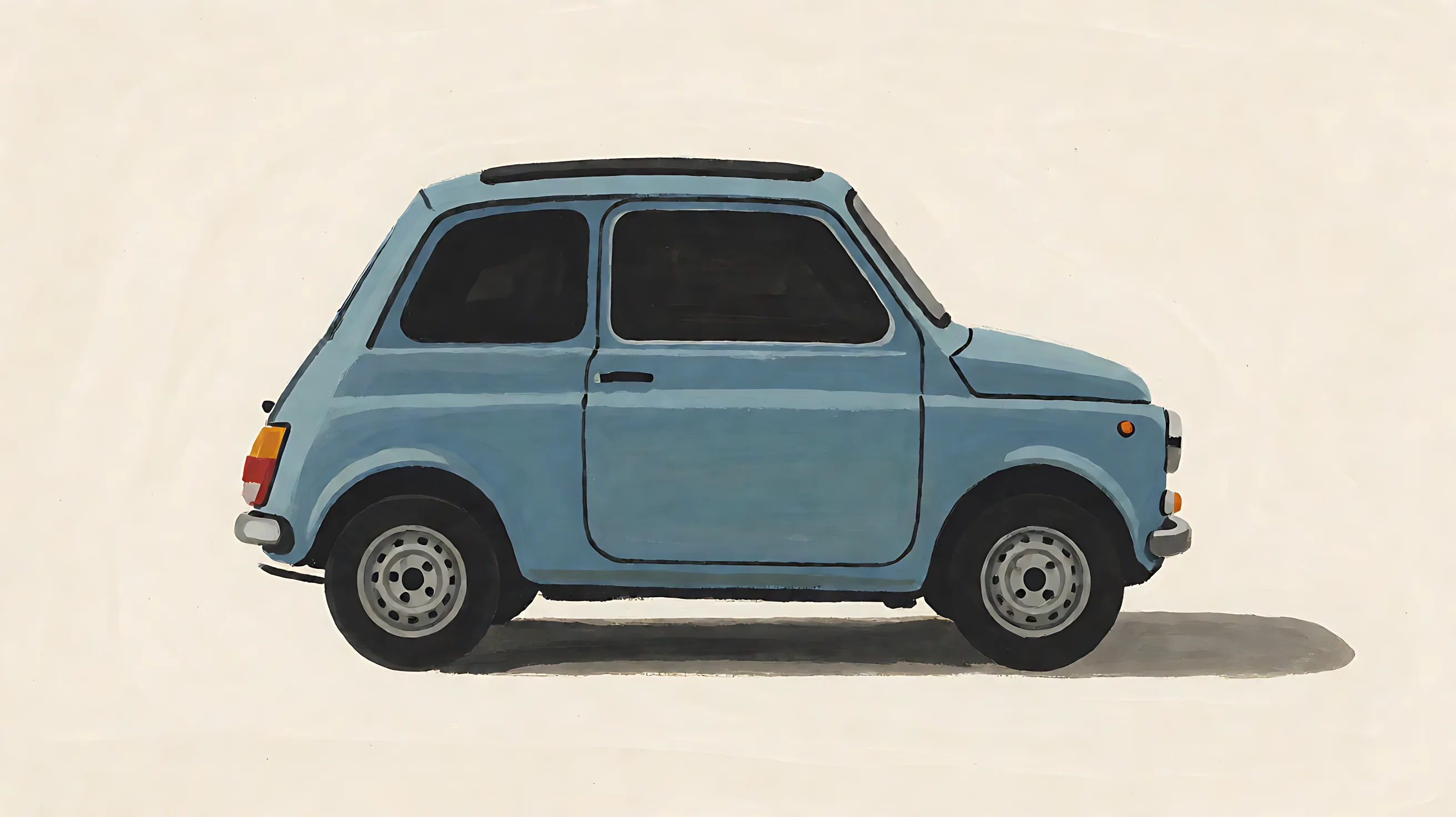 A small unmarked pale-blue car in side view, with flat dark windows