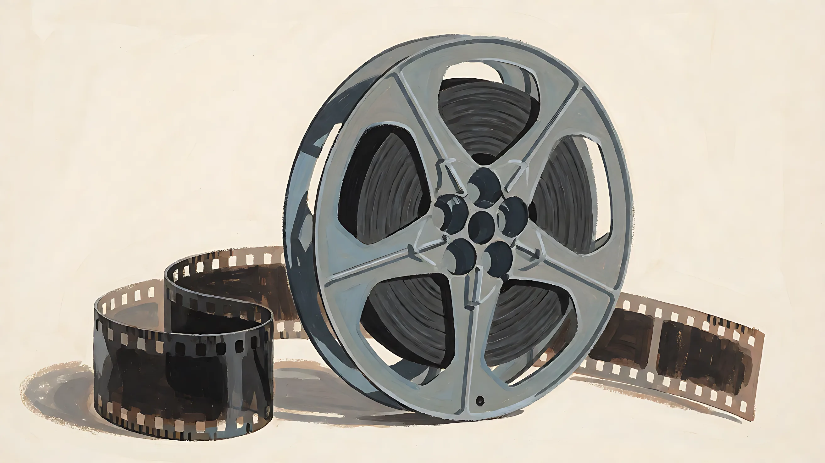 An upright film reel with a curled strip of film beside it and no readable writing