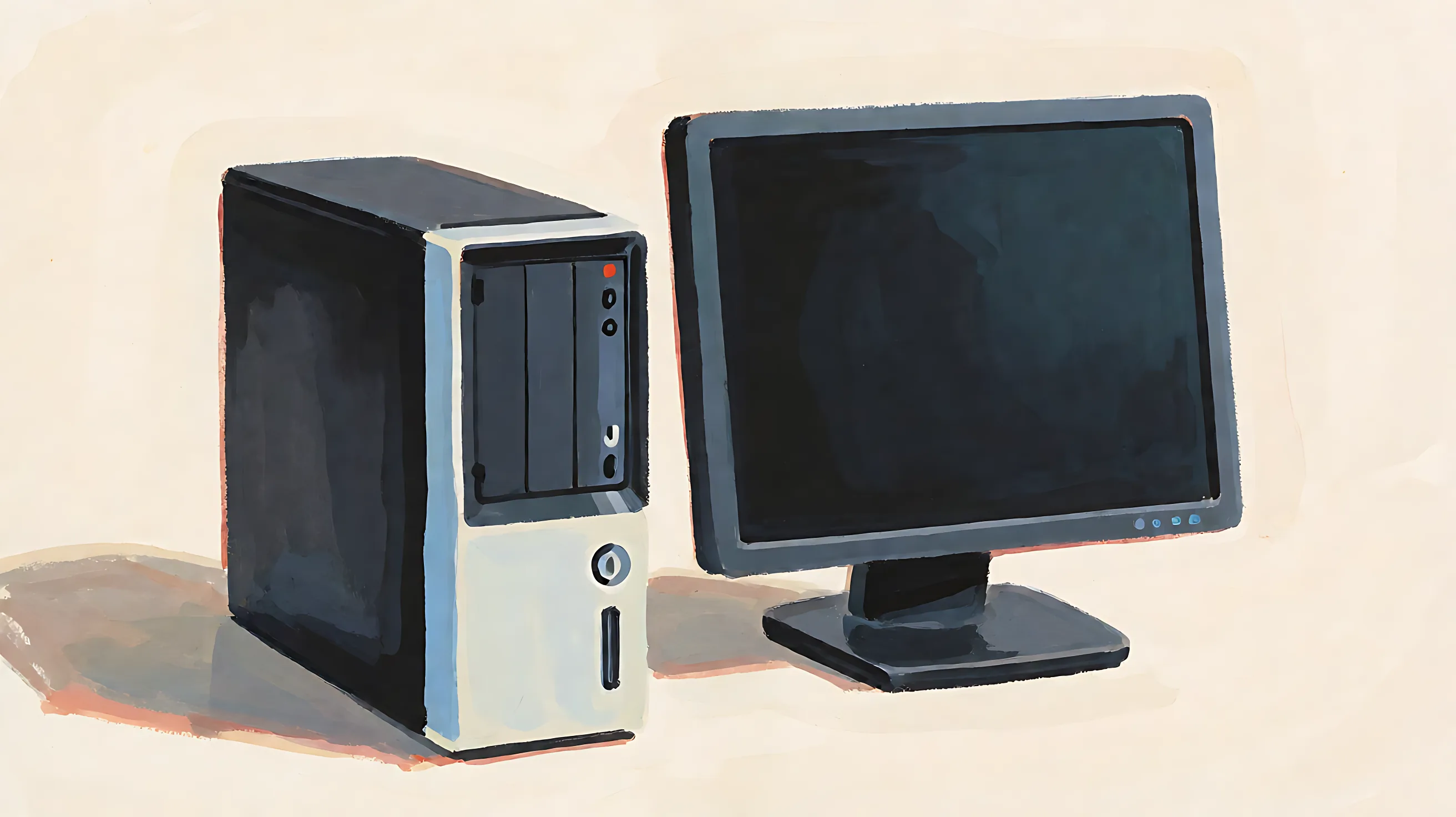 An unmarked computer tower beside a monitor with a dark blank screen