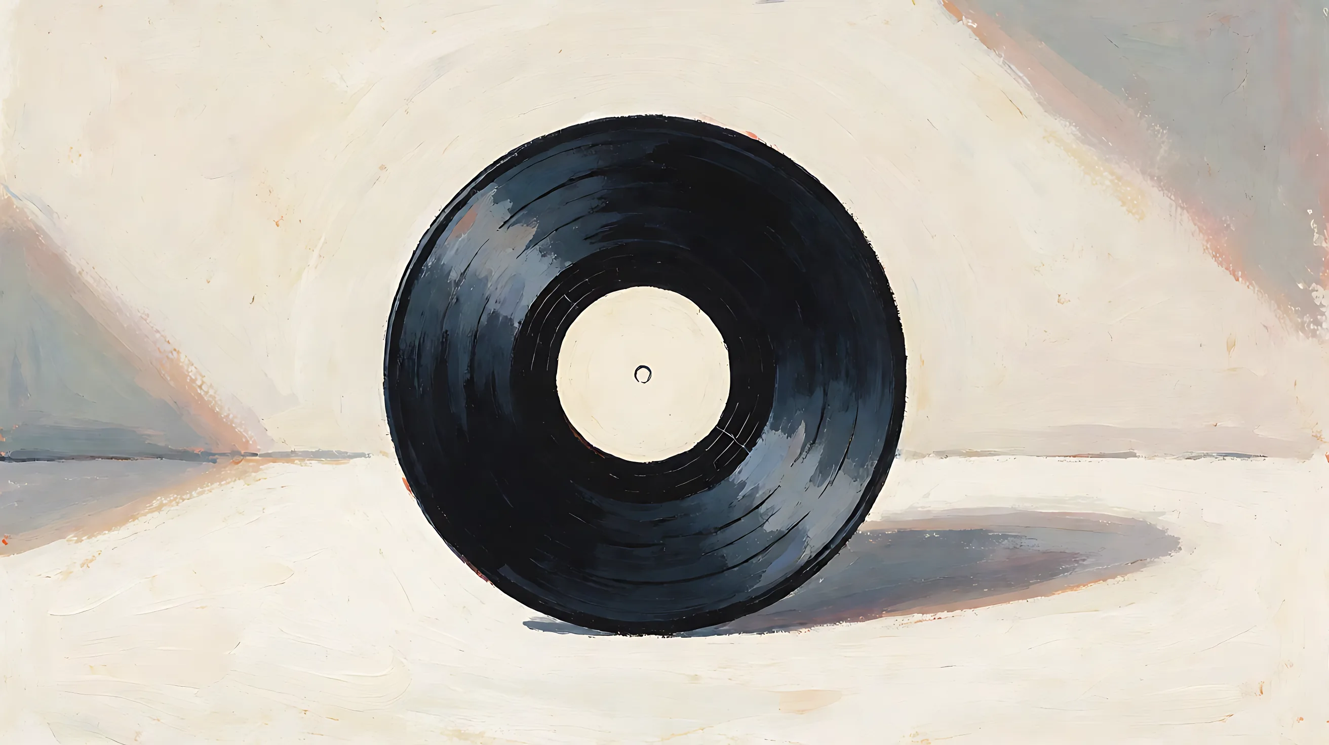 A black vinyl record standing upright, its center label blank