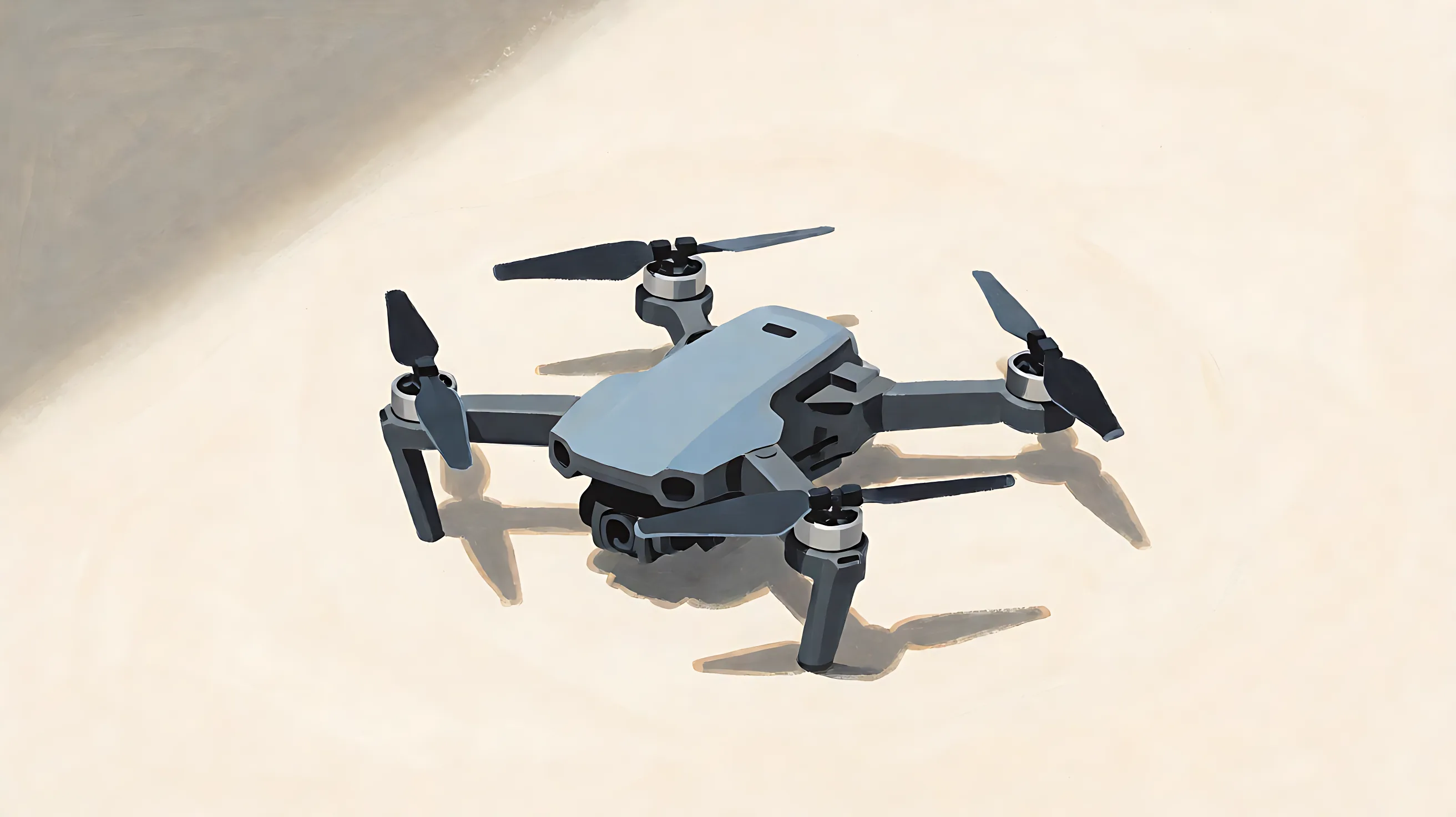 An unmarked quadcopter with its rotors still
