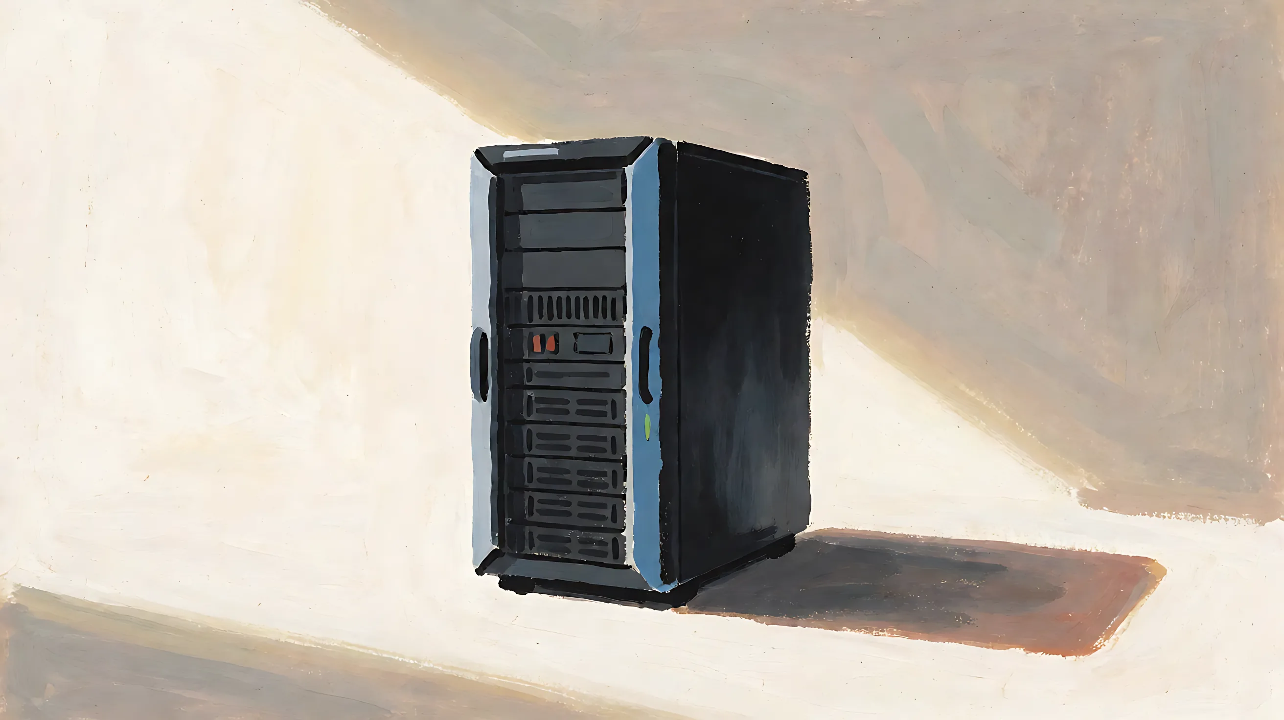 One unmarked black server tower with the door closed
