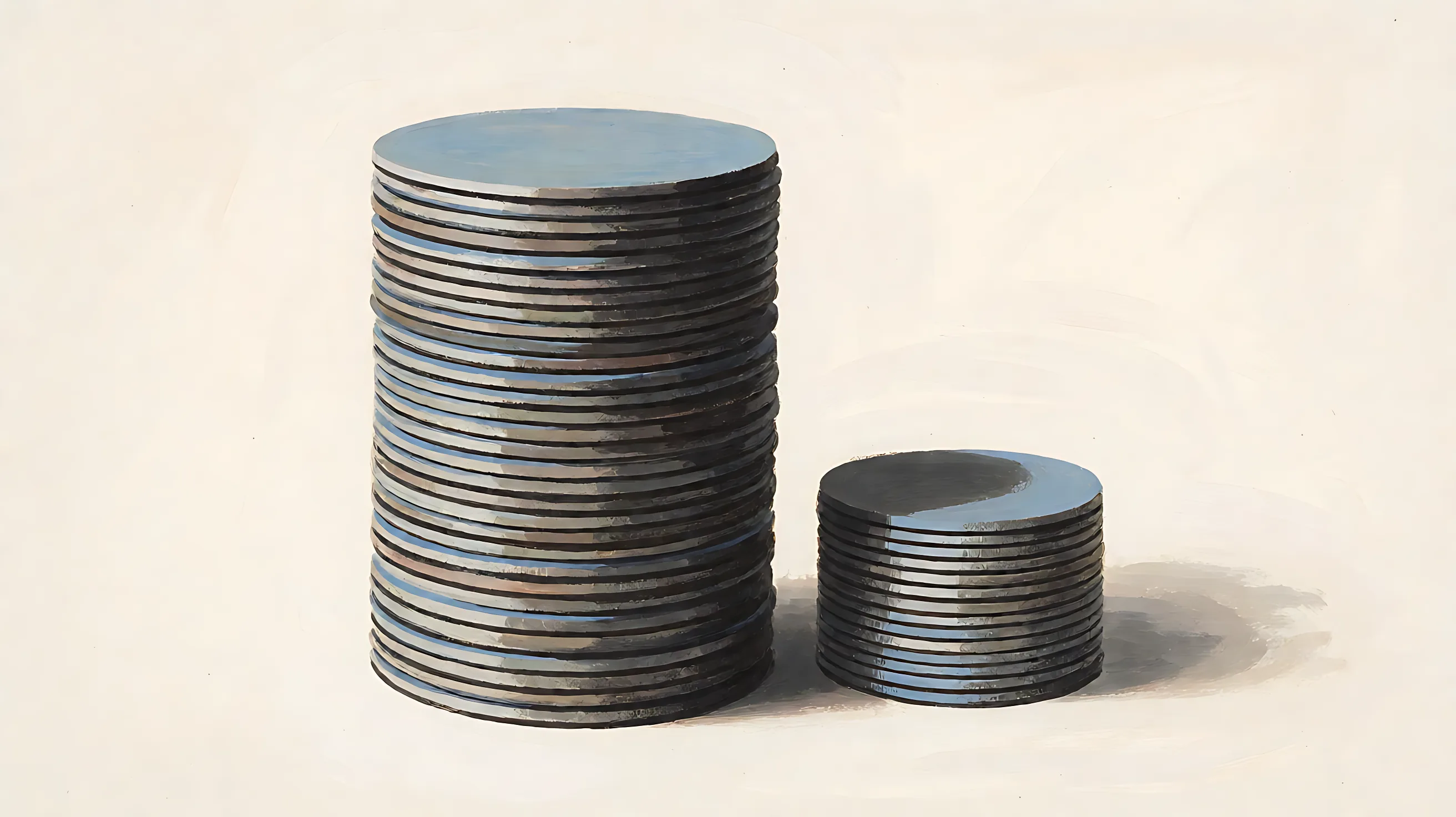 A tall stack of discs beside a much shorter stack