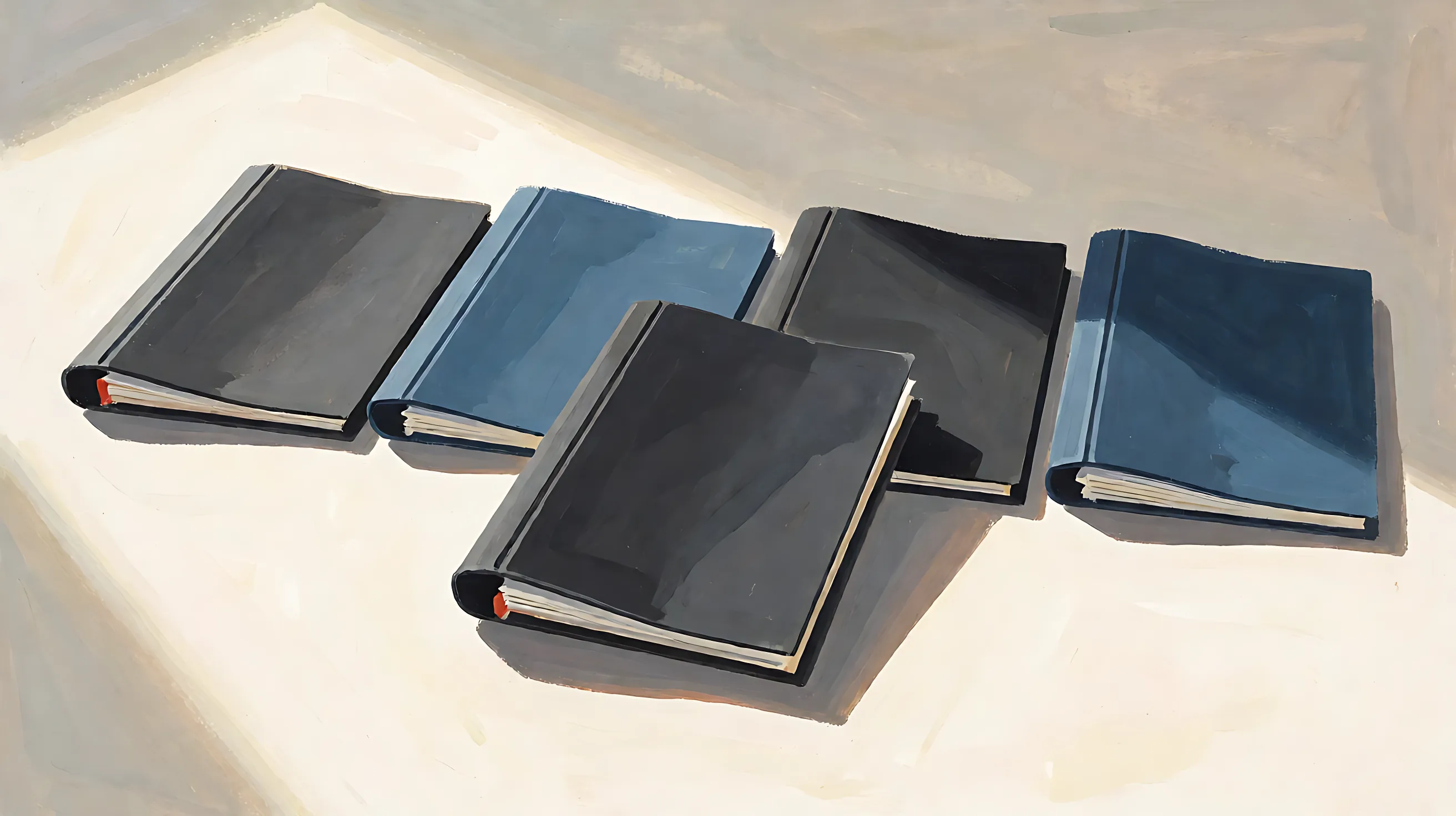 A row of closed dark notebooks, one pulled forward