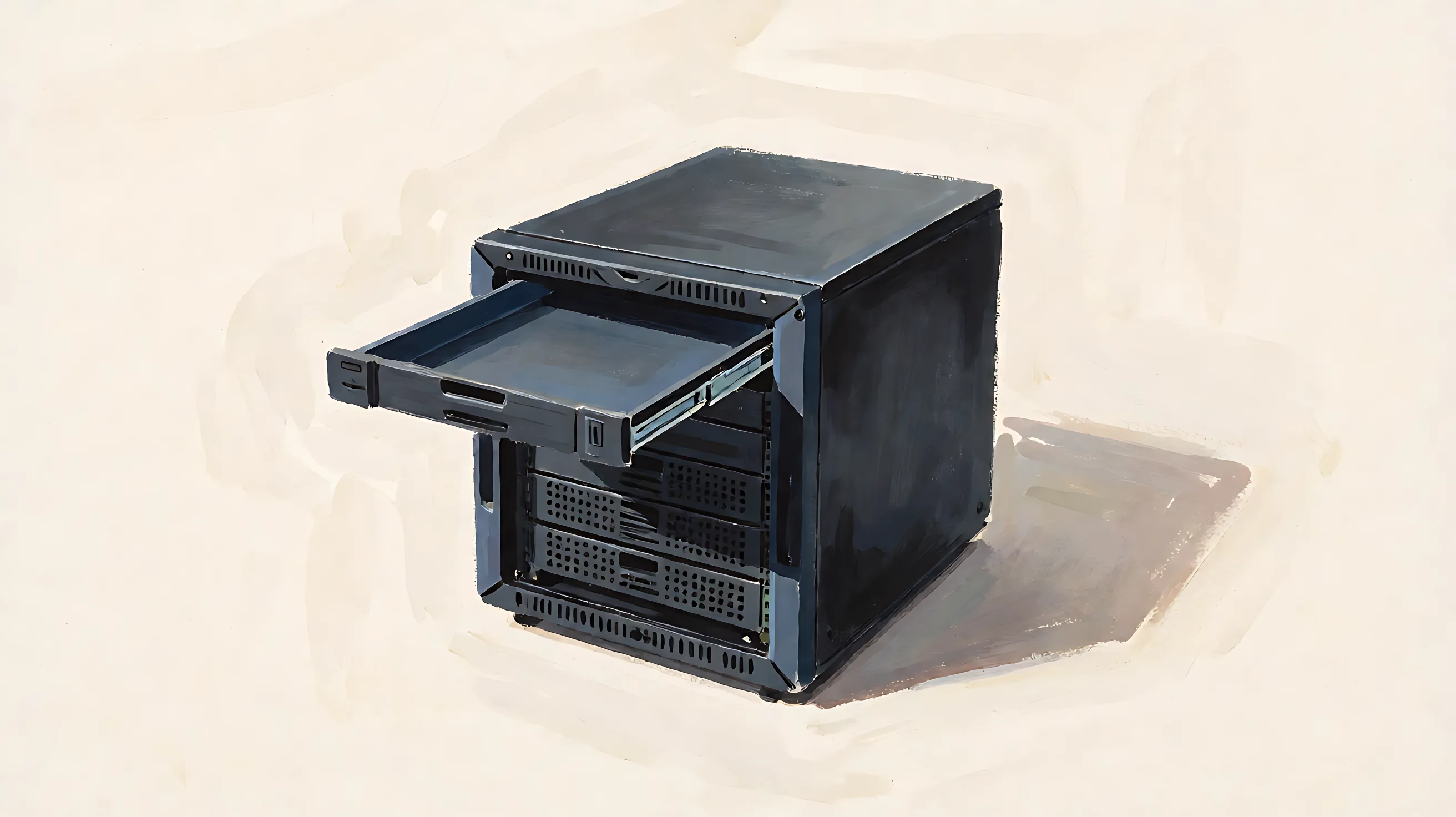 One charcoal server rack, with a tray slid partway out.