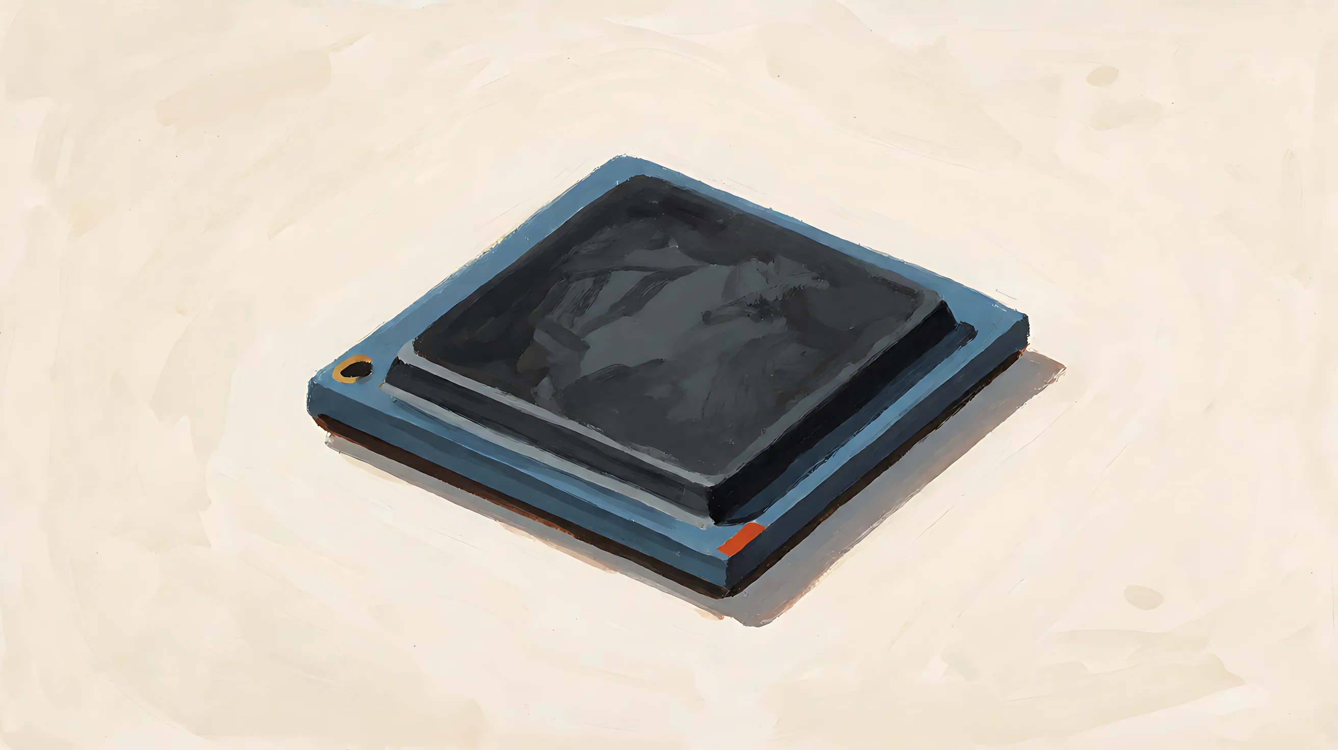 One rectangular charcoal chip, with a blue-gray edge and a small rust-colored mark at a corner.