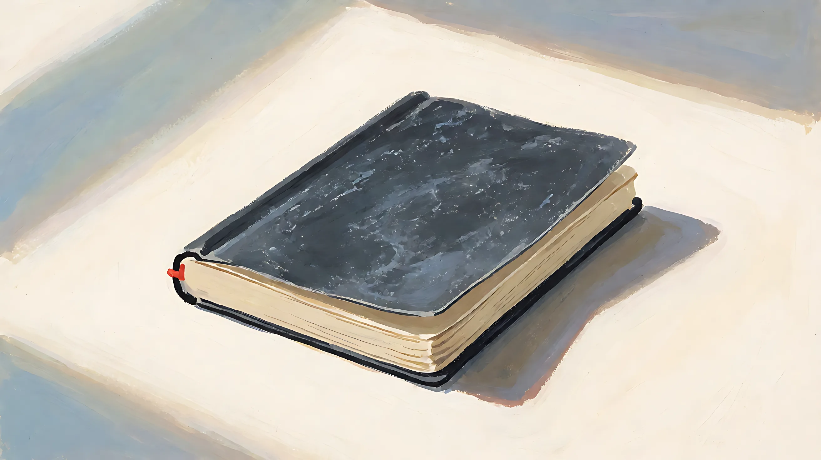 One closed charcoal notebook, the page block visible, with a small rust-colored mark on the spine.