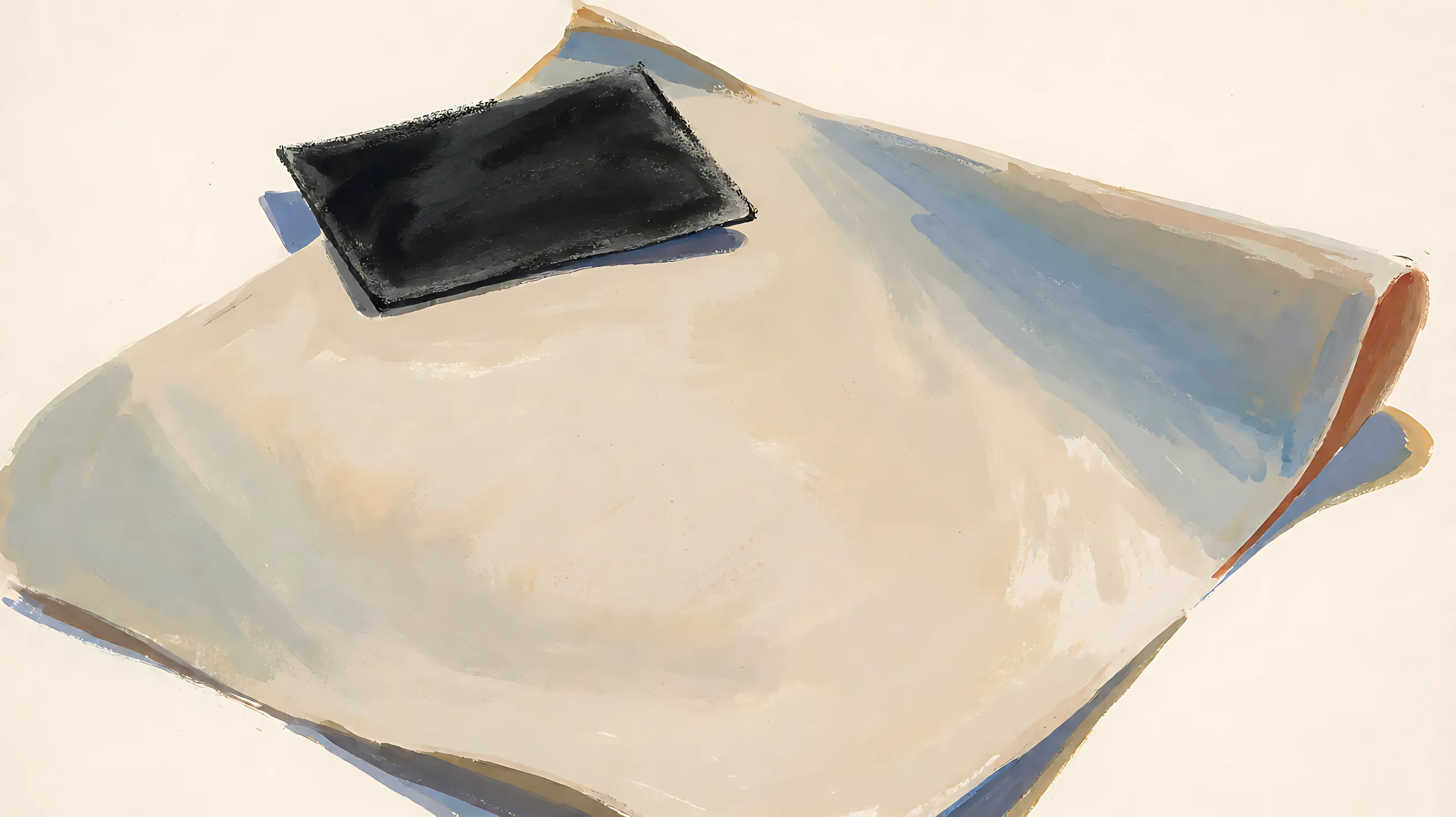 One pale sheet, with a charcoal card on a corner and a small rust-colored mark on the edge.