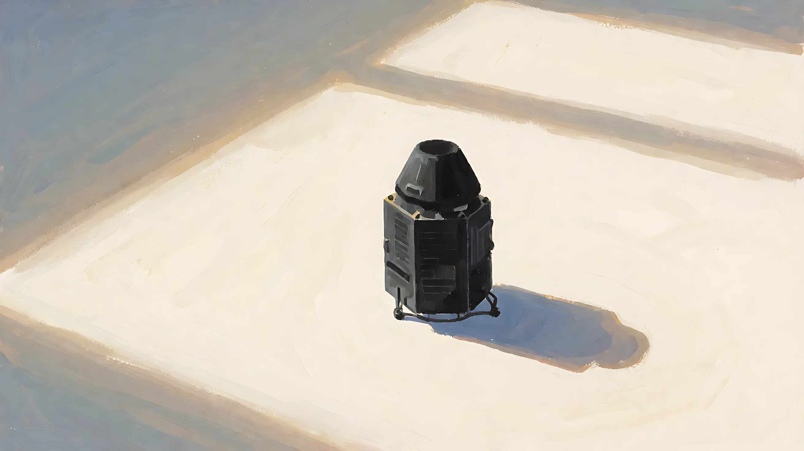 One charcoal satellite, with a small rust-colored mark at a corner.