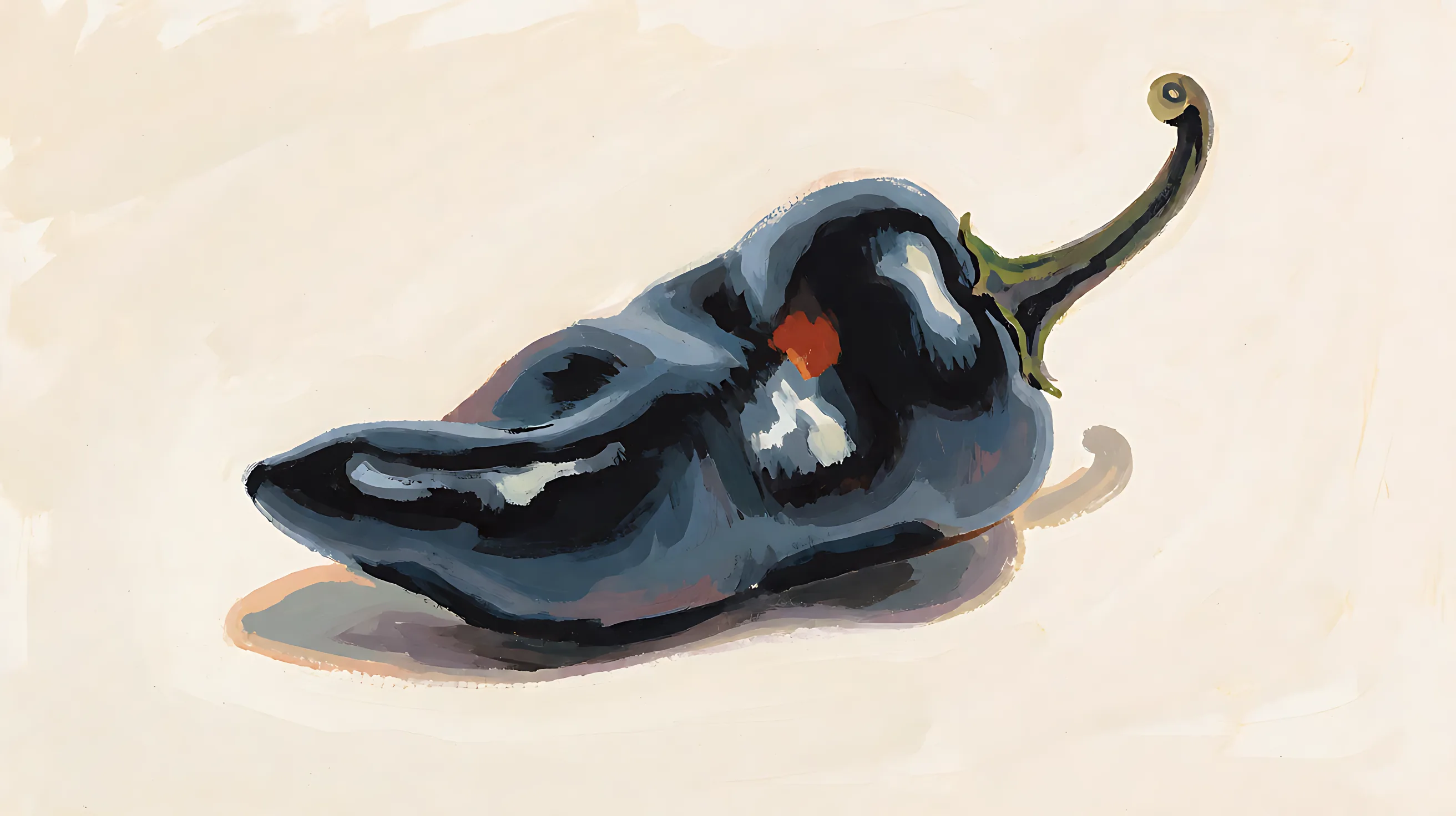 One charcoal pepper, with a dark green stem and a small rust-colored spot.