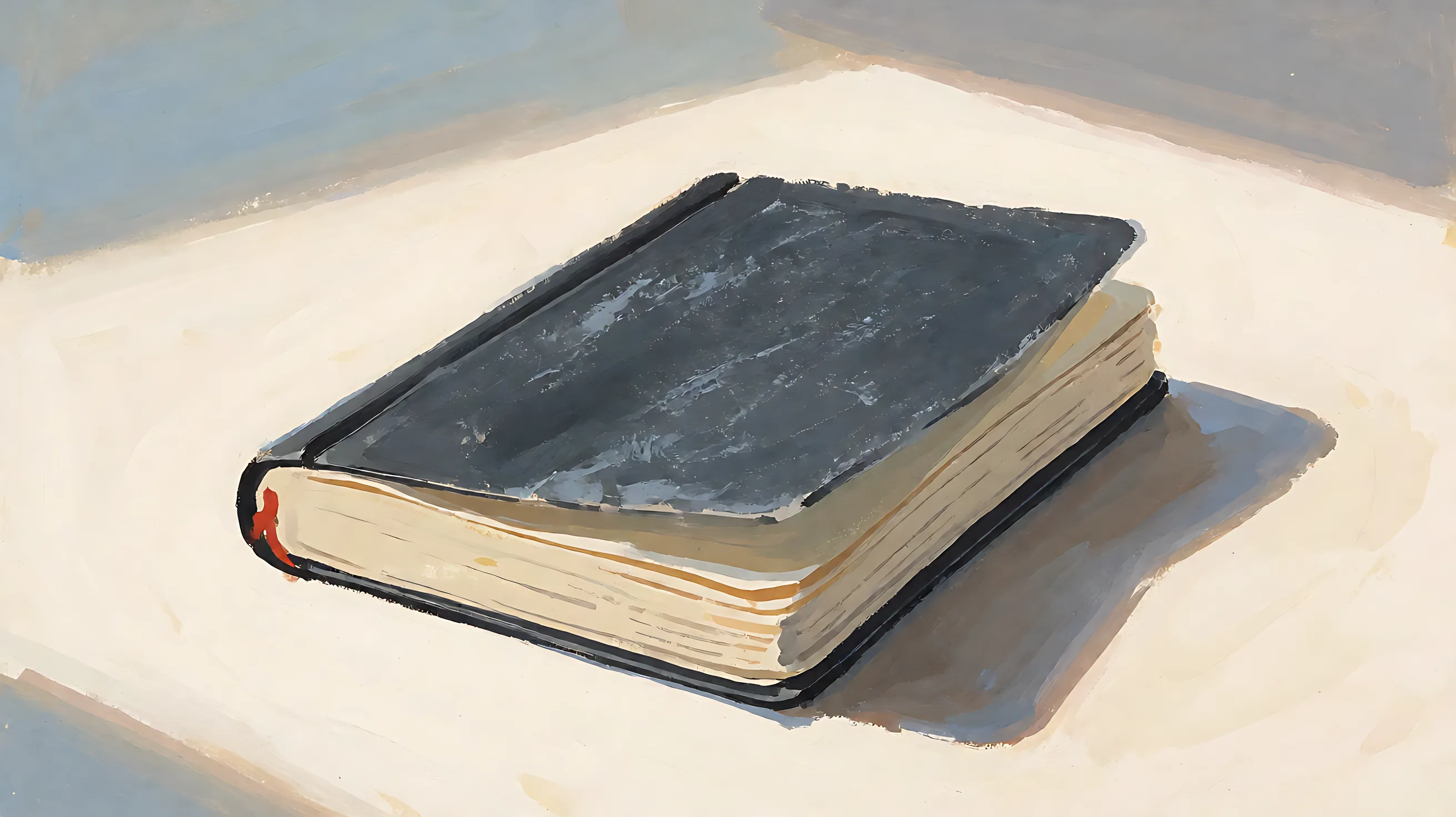 One closed charcoal notebook, with the page block visible and a small rust-colored mark on the spine.