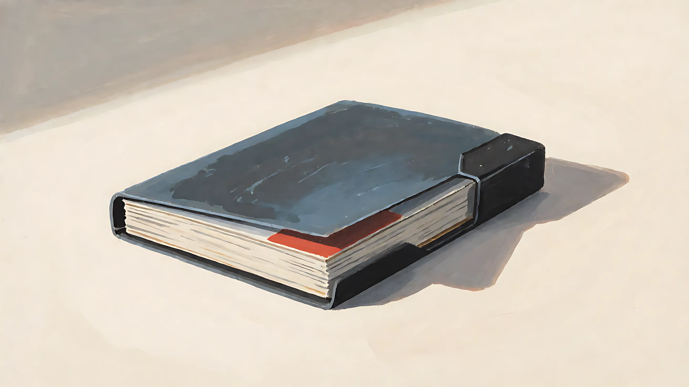 One closed charcoal folder, with the page block visible and a small rust-colored mark on the edge.