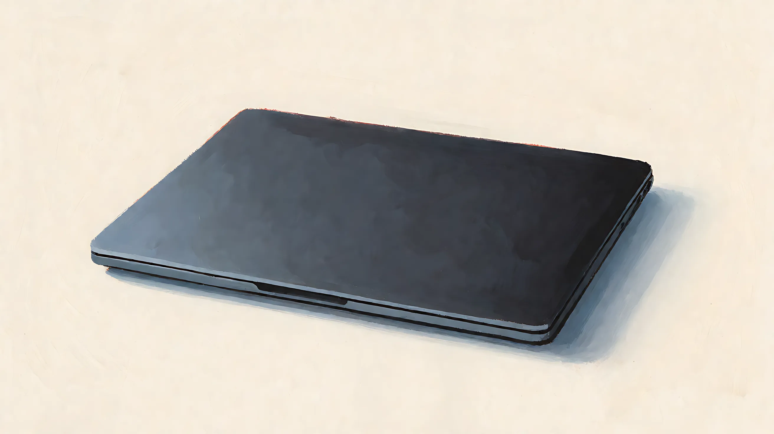 One closed charcoal computer, with a solid lid and a thin rust-colored line on the back edge.