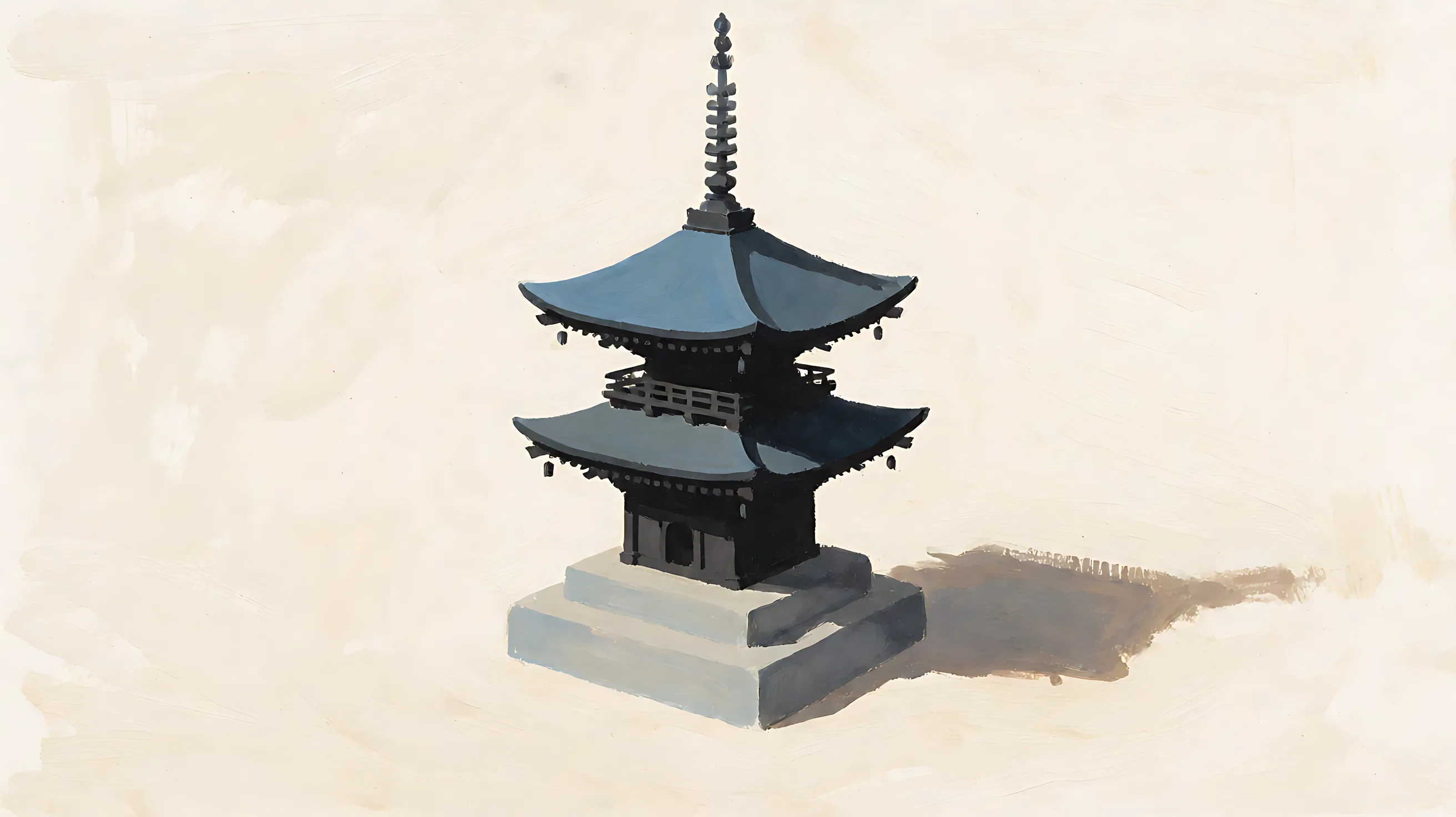 One small charcoal pagoda, with blue-gray roofs.