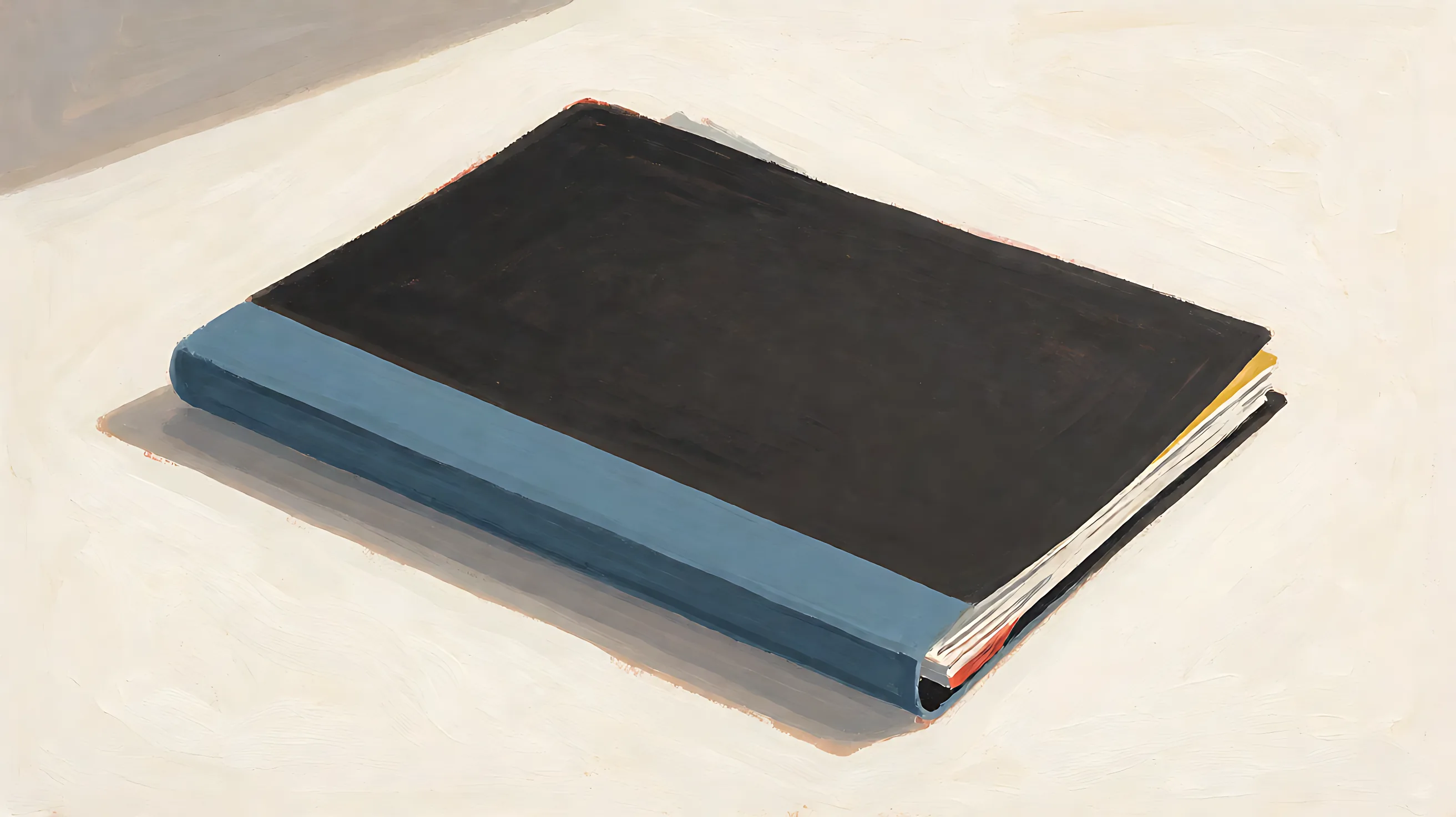 A closed folder with a charcoal cover and a muted-blue spine