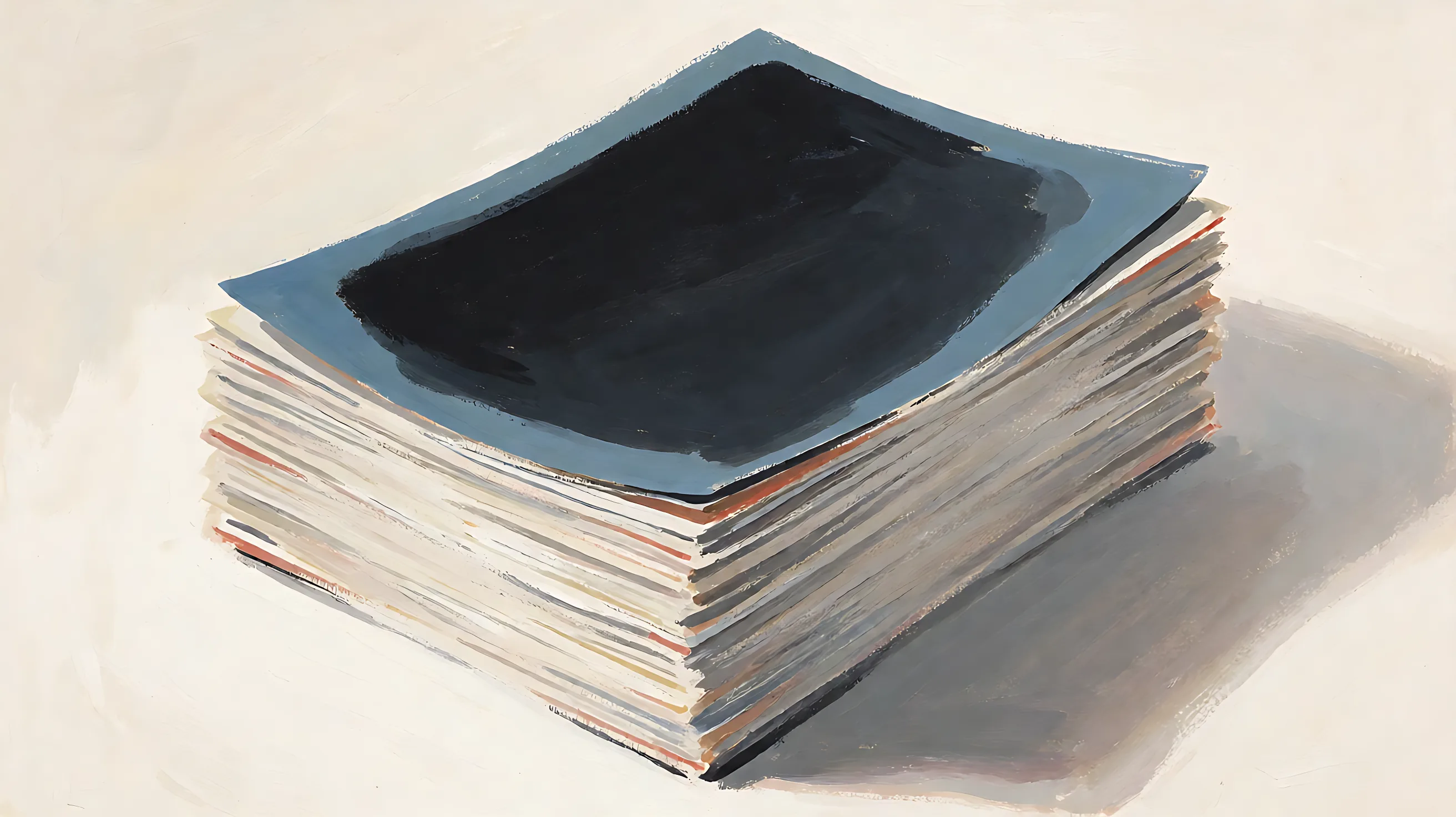 A stack of documents, top sheet solid charcoal with a muted-blue edge