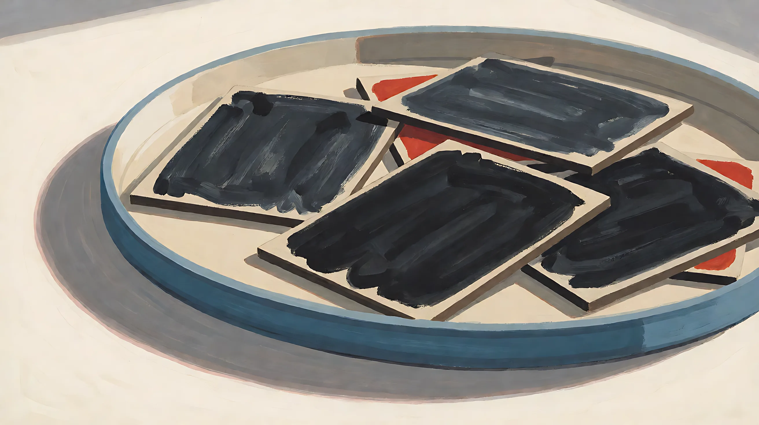 A muted-blue tray holding boards with solid charcoal faces