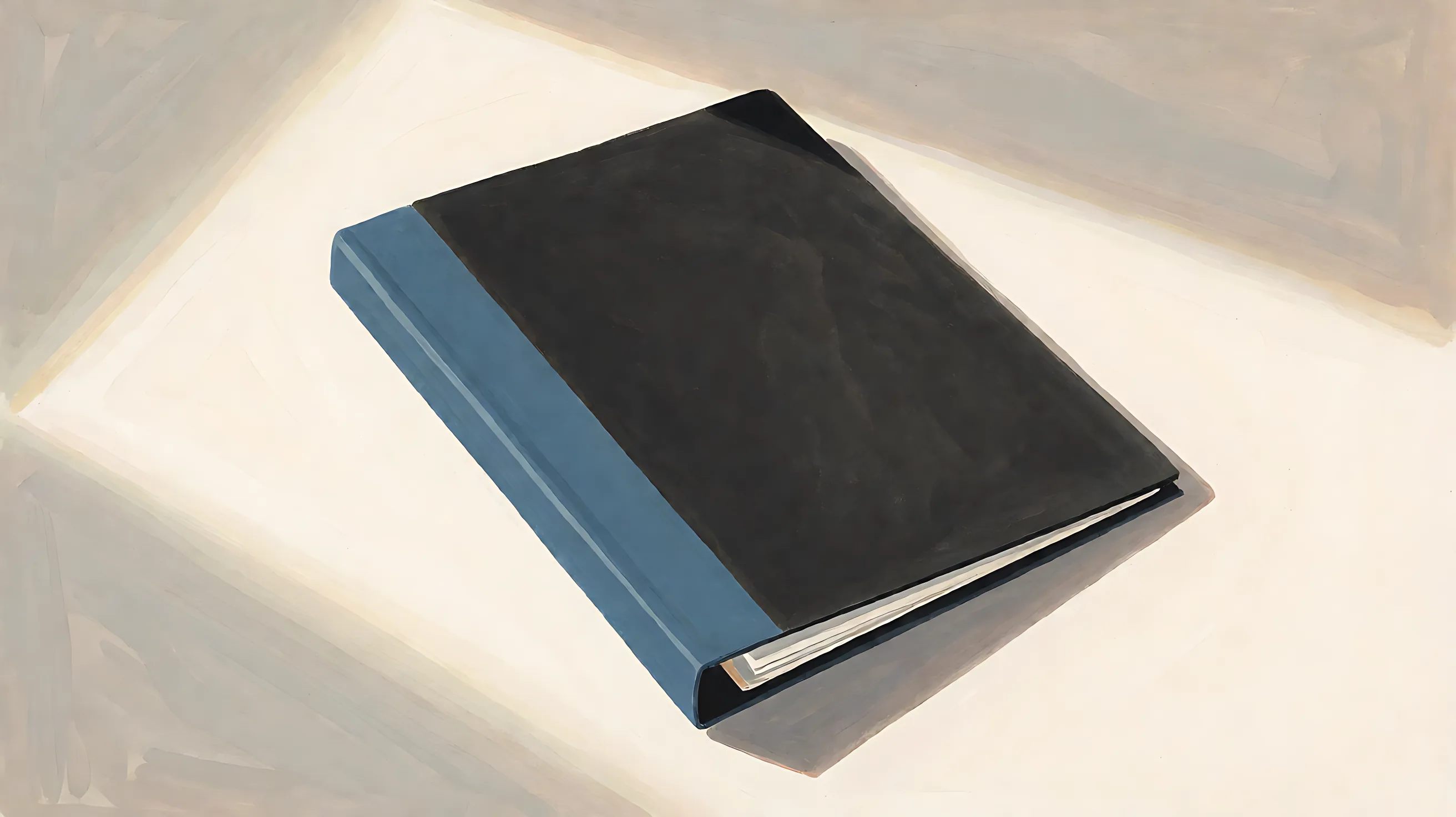 A closed folder with a charcoal cover and a muted-blue spine