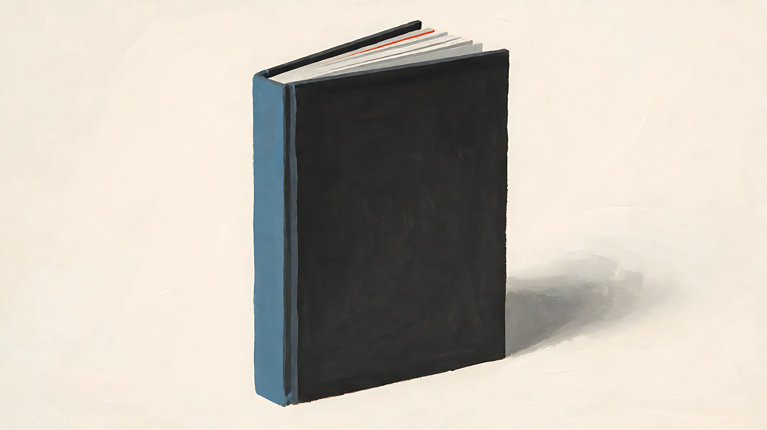 A standing catalog with a charcoal cover and a muted-blue spine