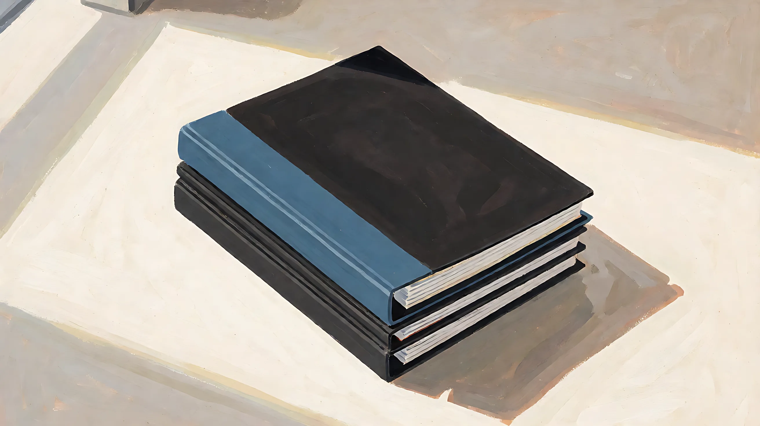 A stack of closed folders with charcoal covers and one muted-blue spine