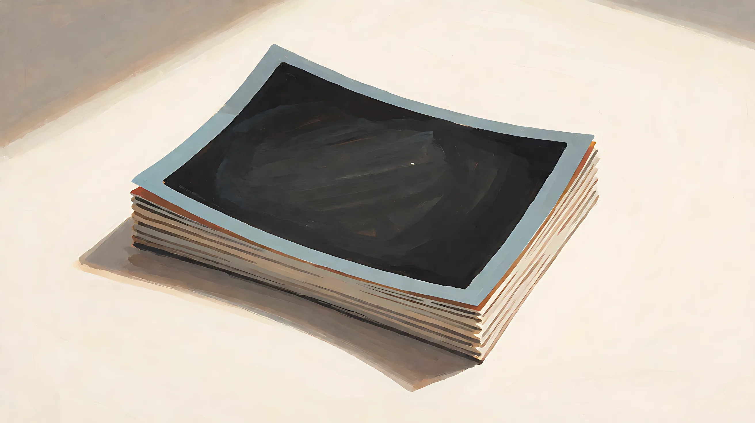 A stack of photo prints, the top print a solid charcoal rectangle
