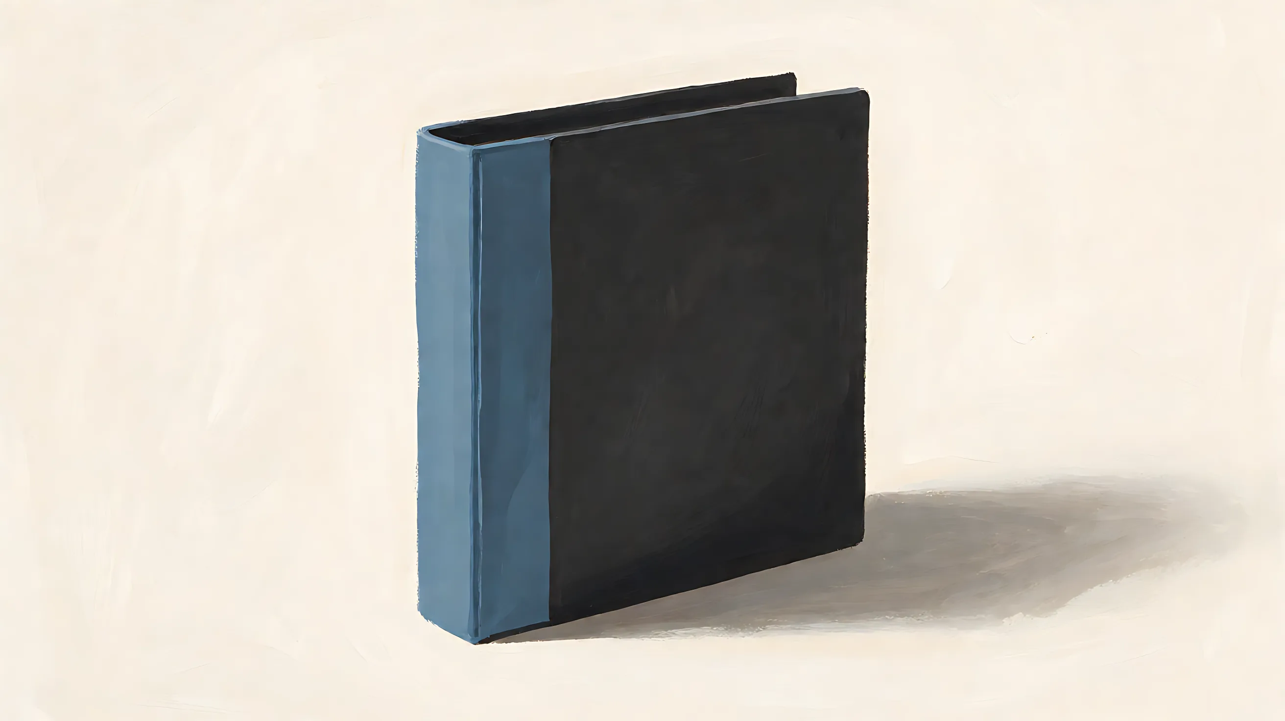 A closed binder standing upright, charcoal cover and muted-blue spine