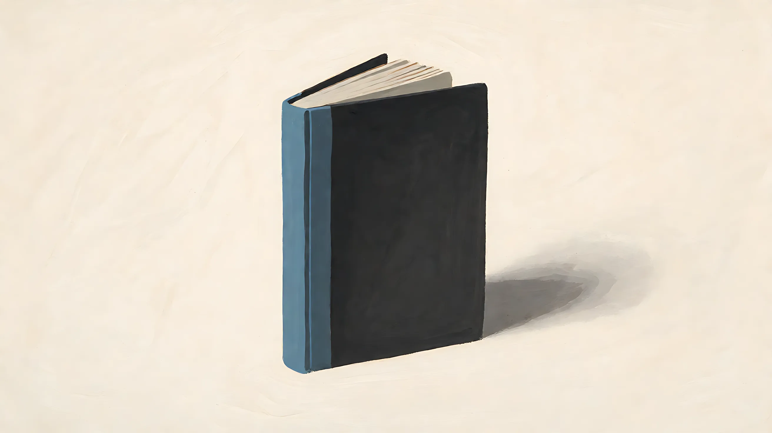 A closed booklet standing upright, charcoal cover and muted-blue spine
