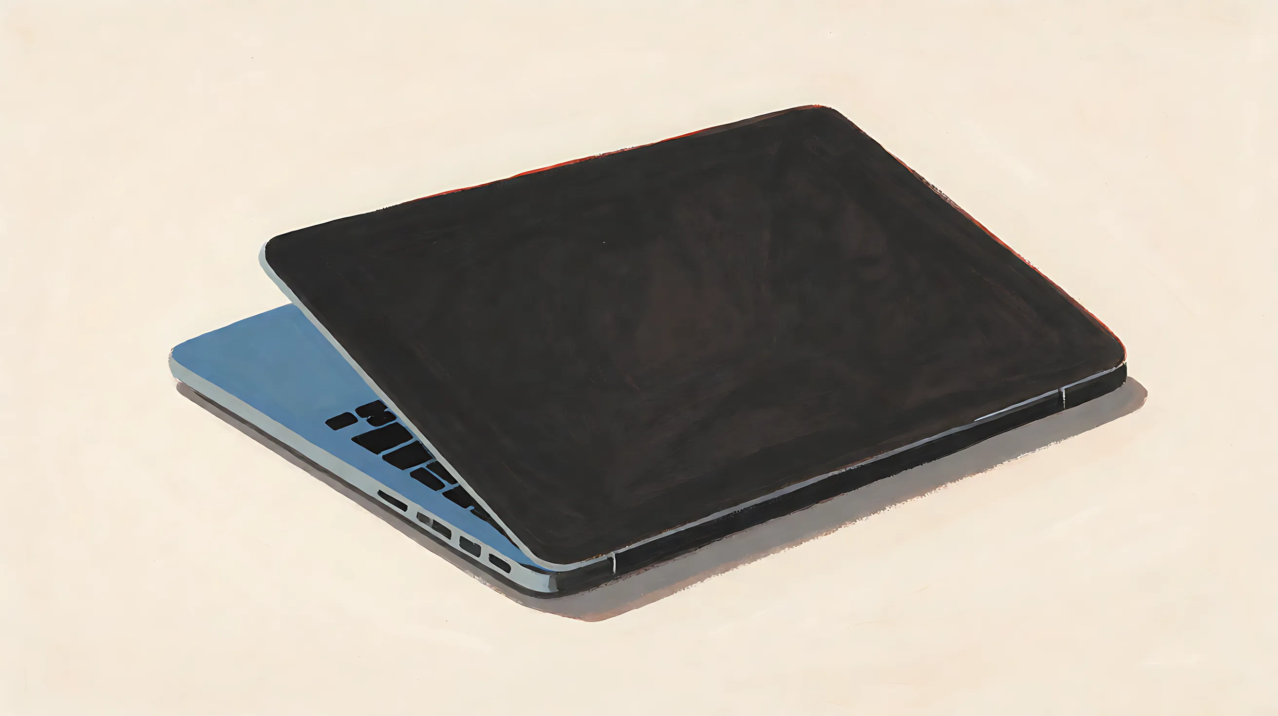 A closed laptop, charcoal lid and muted-blue base