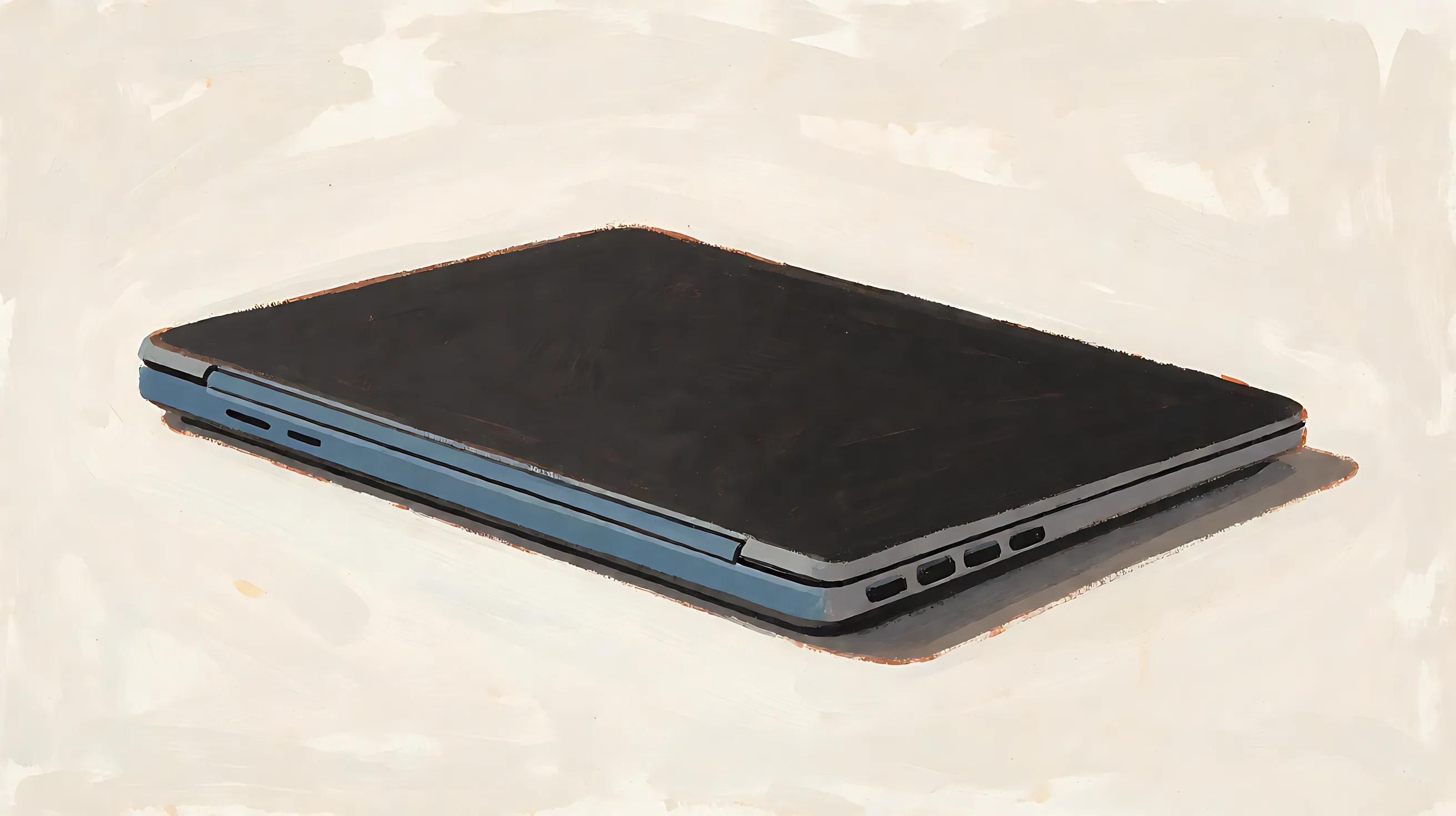 A closed laptop, charcoal lid, muted blue hinge