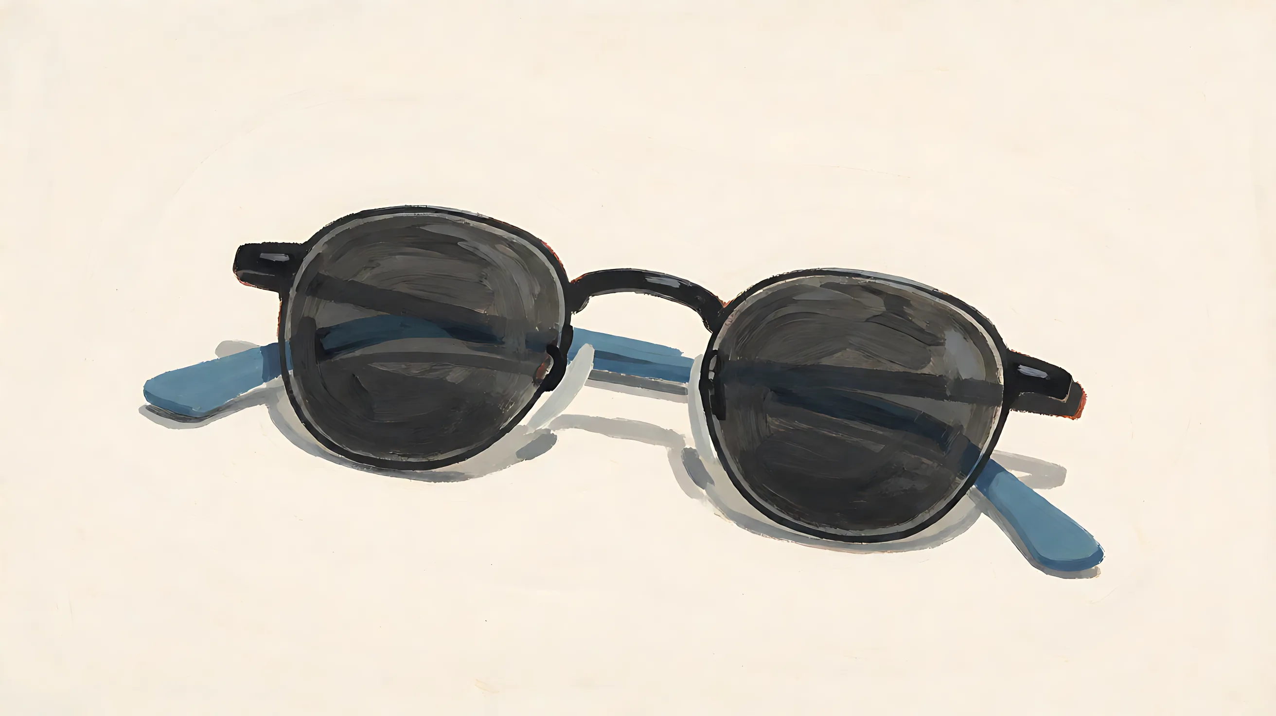 Eyeglasses lying flat, charcoal lenses, muted blue temples