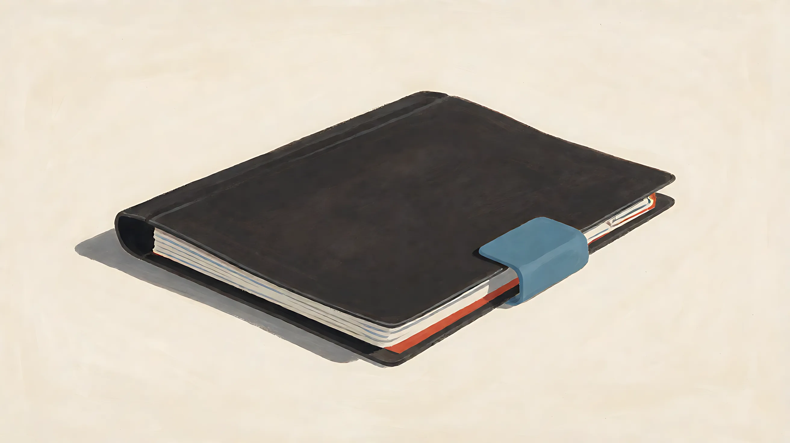 A closed charcoal folder with a muted blue tab