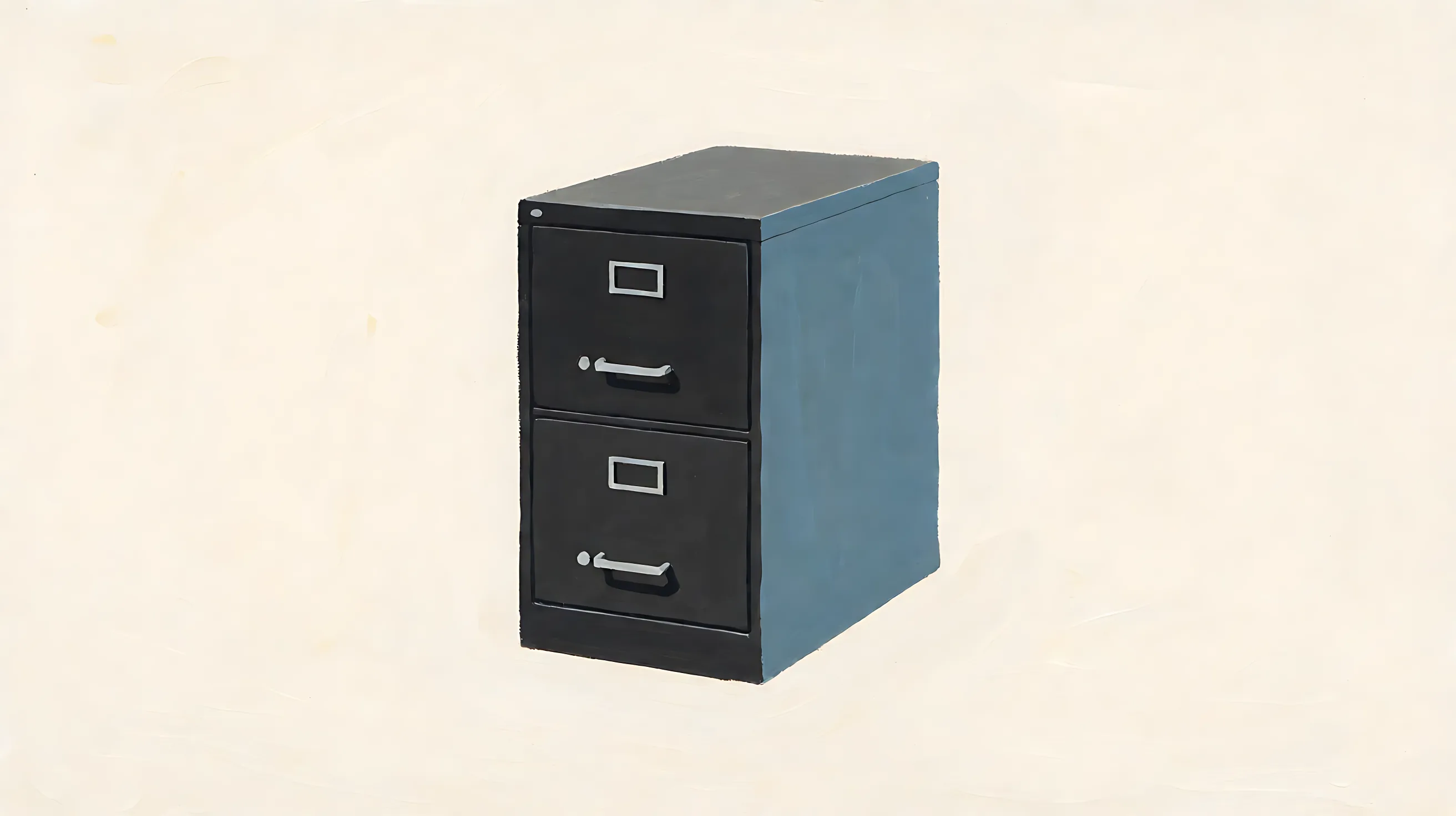 A charcoal filing cabinet with a muted blue side